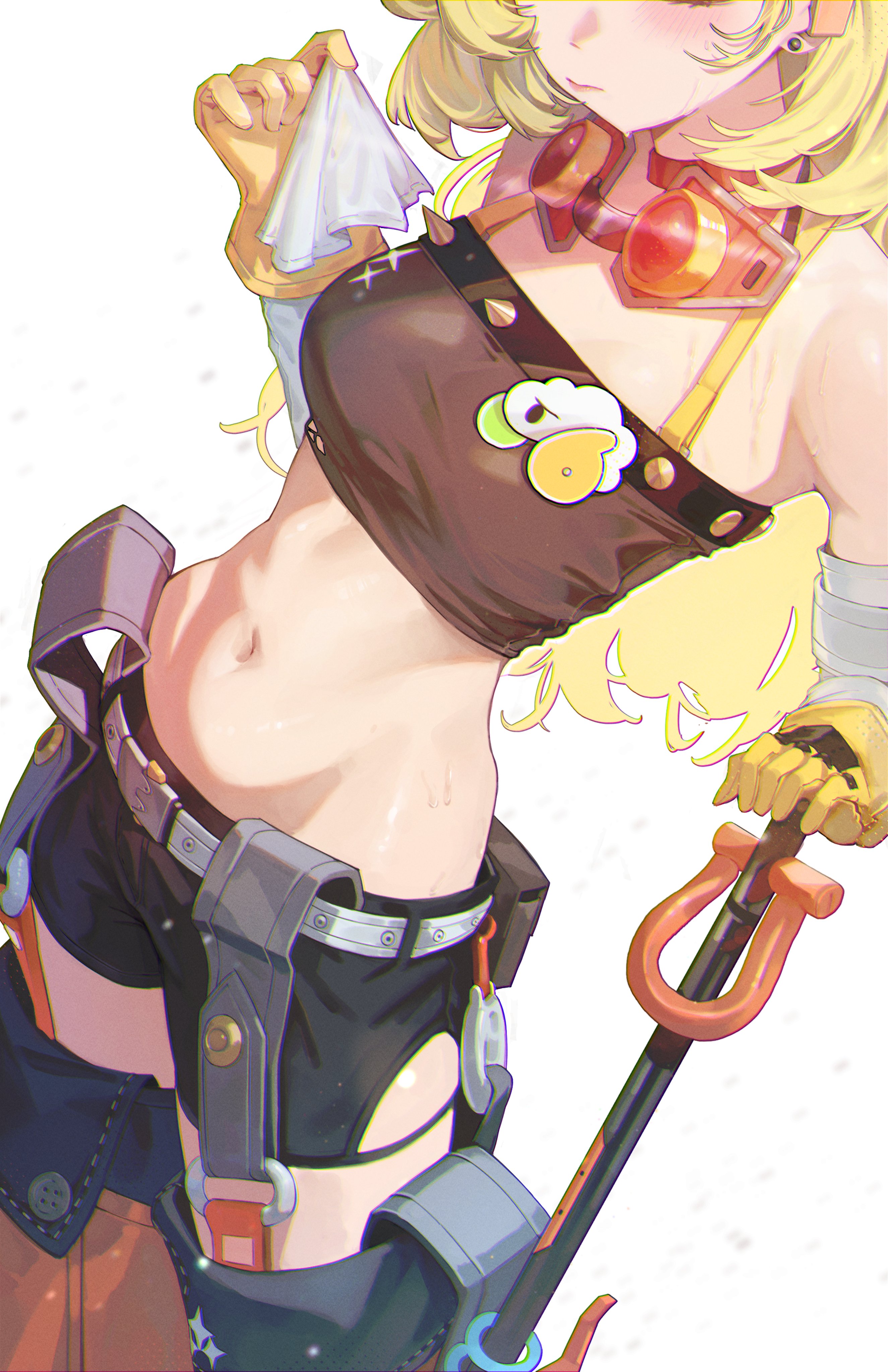 1girls, absurdres, black shorts, blonde hair, blush, breasts, chromatic aberration, closed mouth, clothed, earrings, female, female only, gloves, highres, jaihu, jewelry, long hair, medium breasts, navel, piper wheel, short shorts, shorts, simple background, solo, standing, sweatdrop, white background, yellow gloves, zenless zone zero