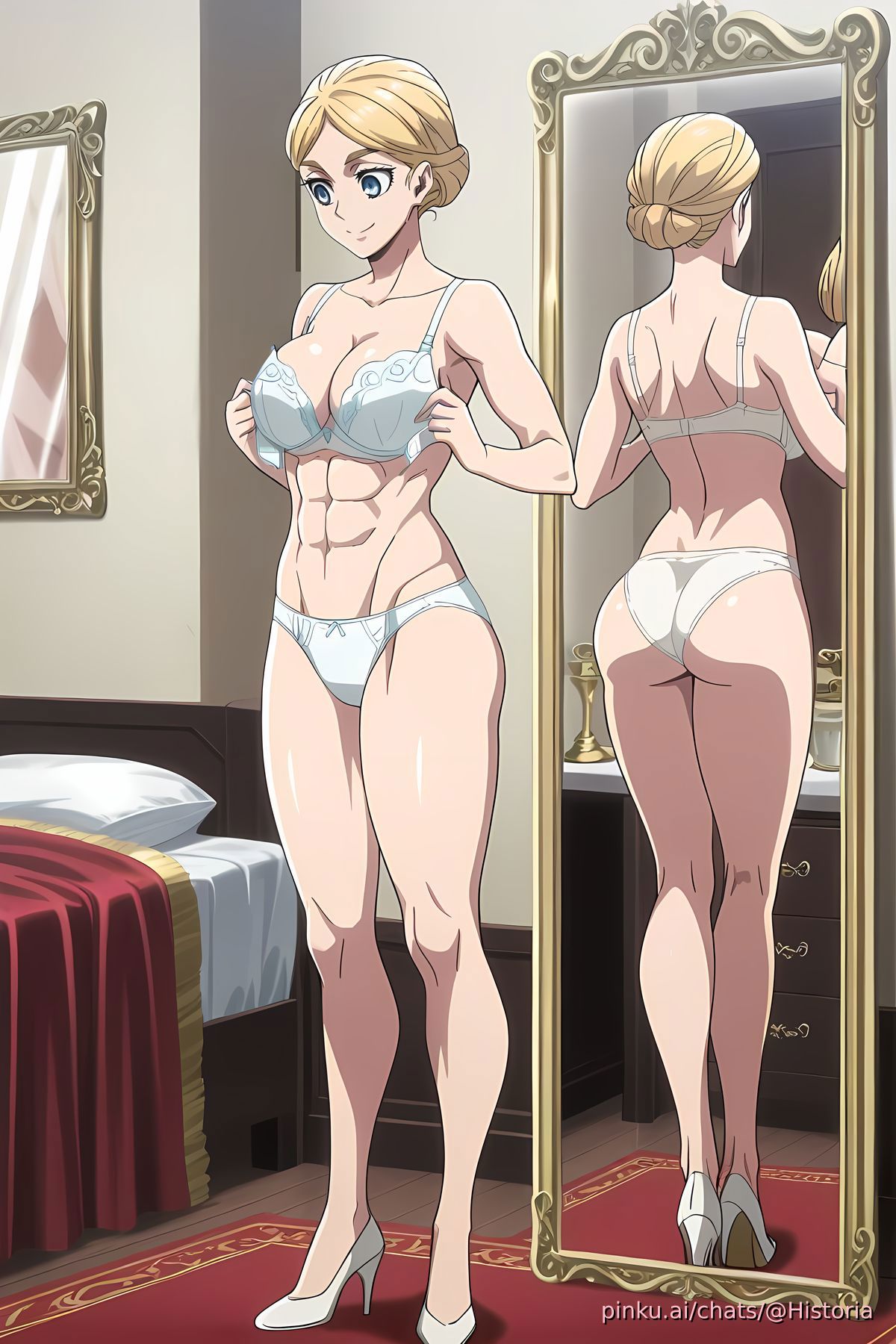 abs, ai generated, alluring, athletic female, attack on titan, bed, bedroom, breasts, chiseled abs, chiseled body, christa lenz, classy, classy female, elegant bedroom, elegant mirror, female, female abs, female focus, fit female, full body, historia reiss, large breasts, muscular, muscular abs, muscular female, pinku.ai, pussy, queen, rich, rich female, royalty, seductive, shingeki no kyojin, wealthy, wealthy female