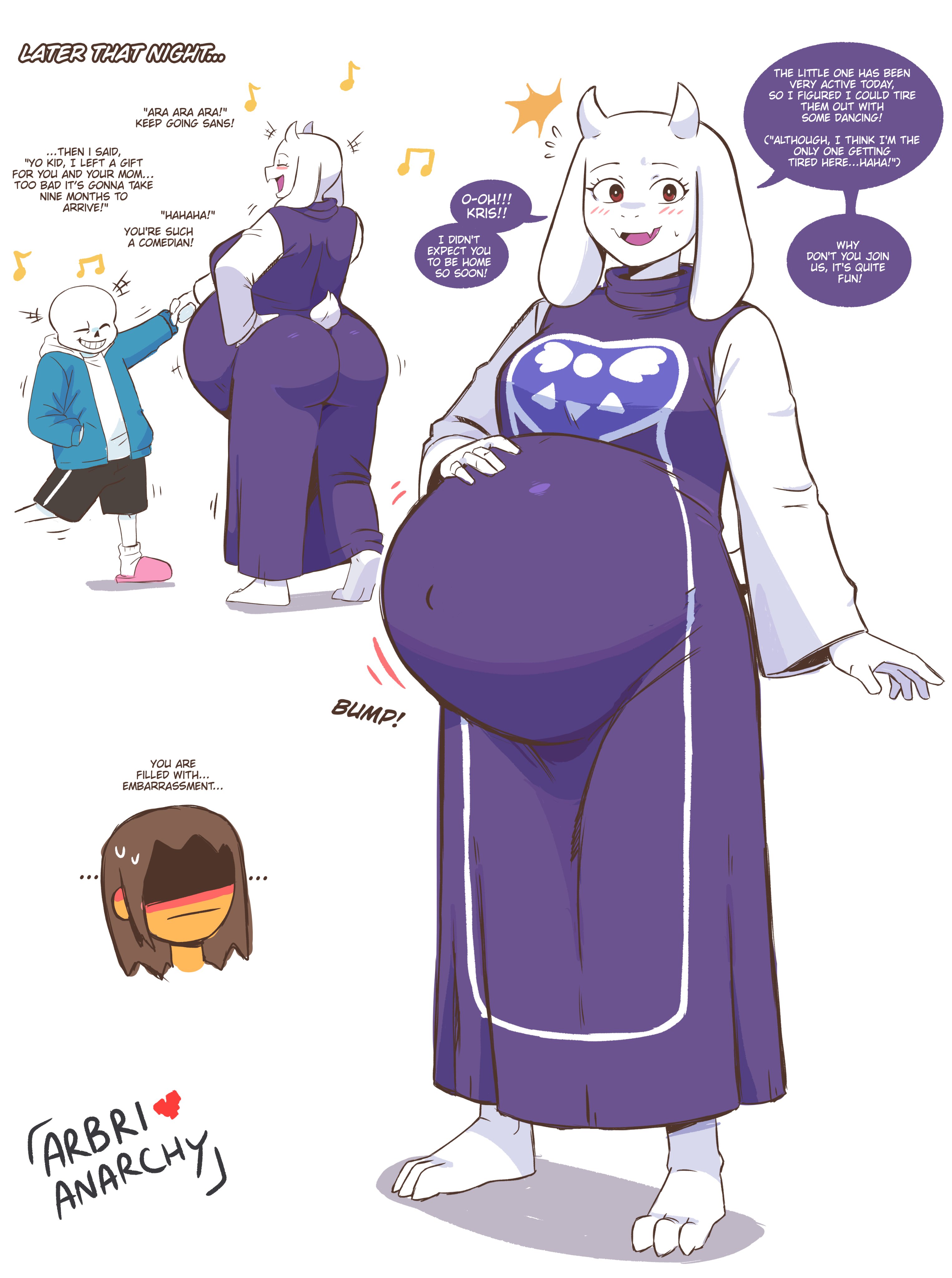 alternative version, anthro, arbrianarchy, deltarune, english dialogue, english text, female, hand on belly, happy, kris (deltarune), kris dreemurr, pregnant, pregnant female, sans, sans (deltarune), skeleton, toriel, toriel (deltarune), undertale (series)