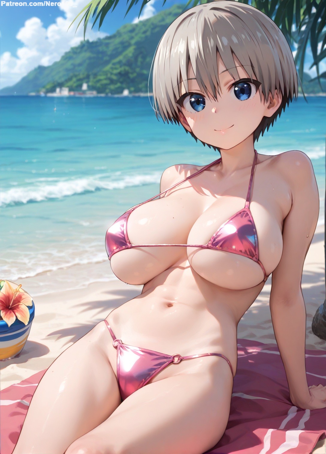 1girls, 2d, ai generated, areolae, armpit, bare arms, bare legs, bare shoulders, beach, belly, big breasts, bikini, bikini bottom, bikini top, bob cut, breasts, breasts bigger than head, cameltoe, chest, curvy, curvy figure, cute, cute face, detailed, eyelashes, eyeshadow, female, female only, fit, fit female, focus, grey hair, hair, high quality, huge breasts, large breasts, legs, light skin, light-skinned female, lips, lipstick, looking at viewer, makeup, mascara, micro bikini, outdoors, pale skin, pale-skinned female, petite, petite body, posing, pussy, seductive, seductive look, short hair, silver hair, stable diffusion, surprised, tagme, teenager, thighs, thin waist, tomboy, uzaki hana, uzaki-chan wa asobitai!, vagina, very short hair, young