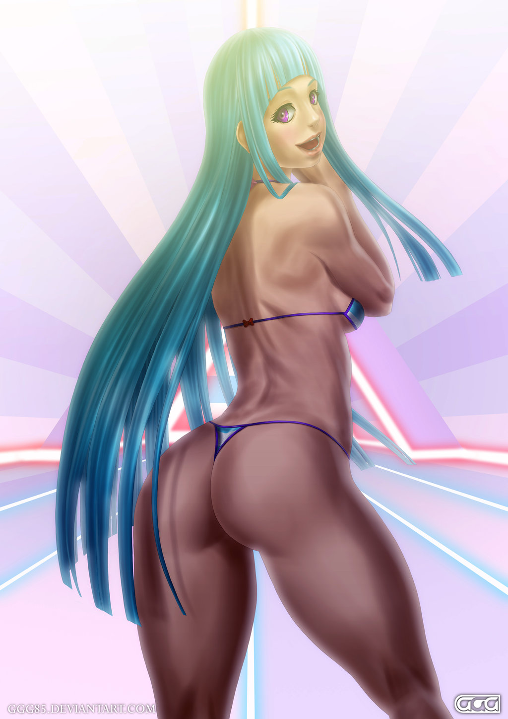 1girls anus ass back_view bikini covering dat_ass female ggg85 highres long_hair looking_at_viewer looking_back me!me!me! meme_(me!me!me!) pose purple_eyes sideboob simple_background smile solo standing studio_khara very_long_hair