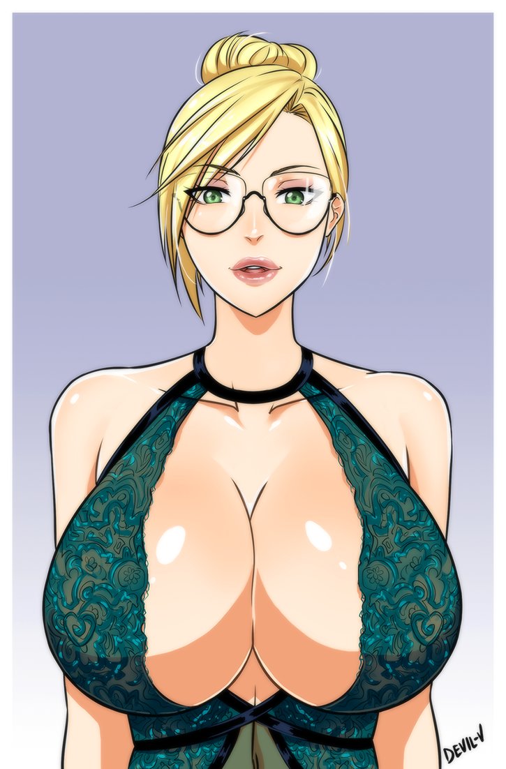 1girls 2018 big_breasts blonde_hair breasts devil-v female female_only glasses hair_bun lindsey_pelas solo