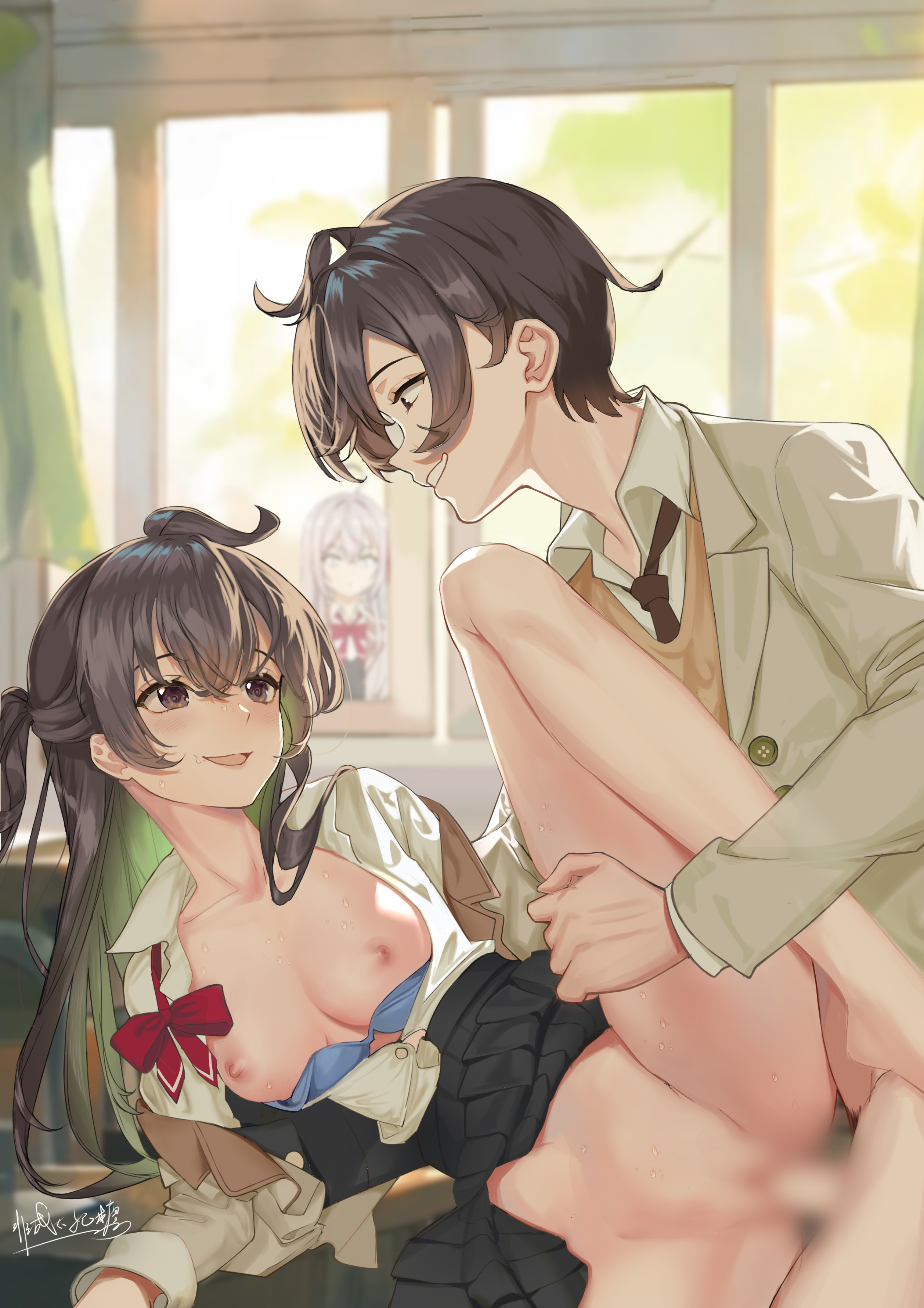 1boy, 1girls, alisa mikhailovna kujou, breasts, censored, female, incest, kuze masachika, male, nipples, sex, stalker, suou yuki, tokidoki bosotto russian de dereru tonari no alya-san, voyeurism, watching through window