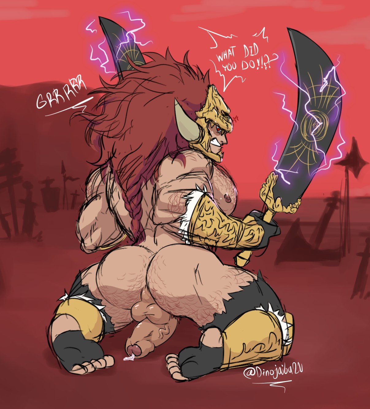 angry angry_expression angry_face armor ass asshole ball_gag balls bara bara_ass bara_tiddies big_ass big_balls big_breasts big_muscles big_pectorals big_thighs blade dick dinojaiba22 dripping dripping_cum el_azote_estelar elden_ring feet fingers hairy hairy_arms hairy_ass long_hair muscles nipples pectorals powerful_breasts radahn red_eyes red_hair strong submissive submissive_male warrior
