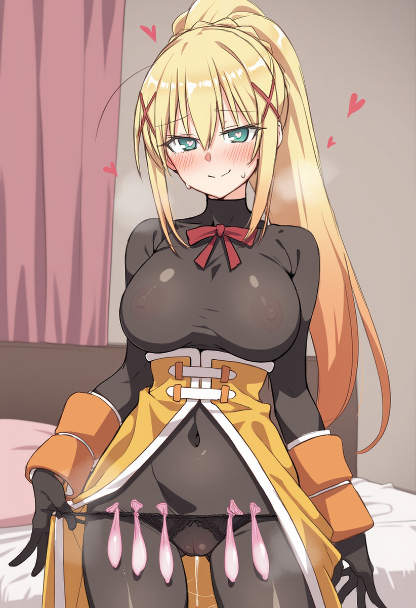 ai generated, cheating, condom, condom belt, cuckold, cuckold pov, cuckolding, cum, darkness (konosuba), kono subarashii sekai ni shukufuku wo!, looking at viewer, netorare, ntr, tagme