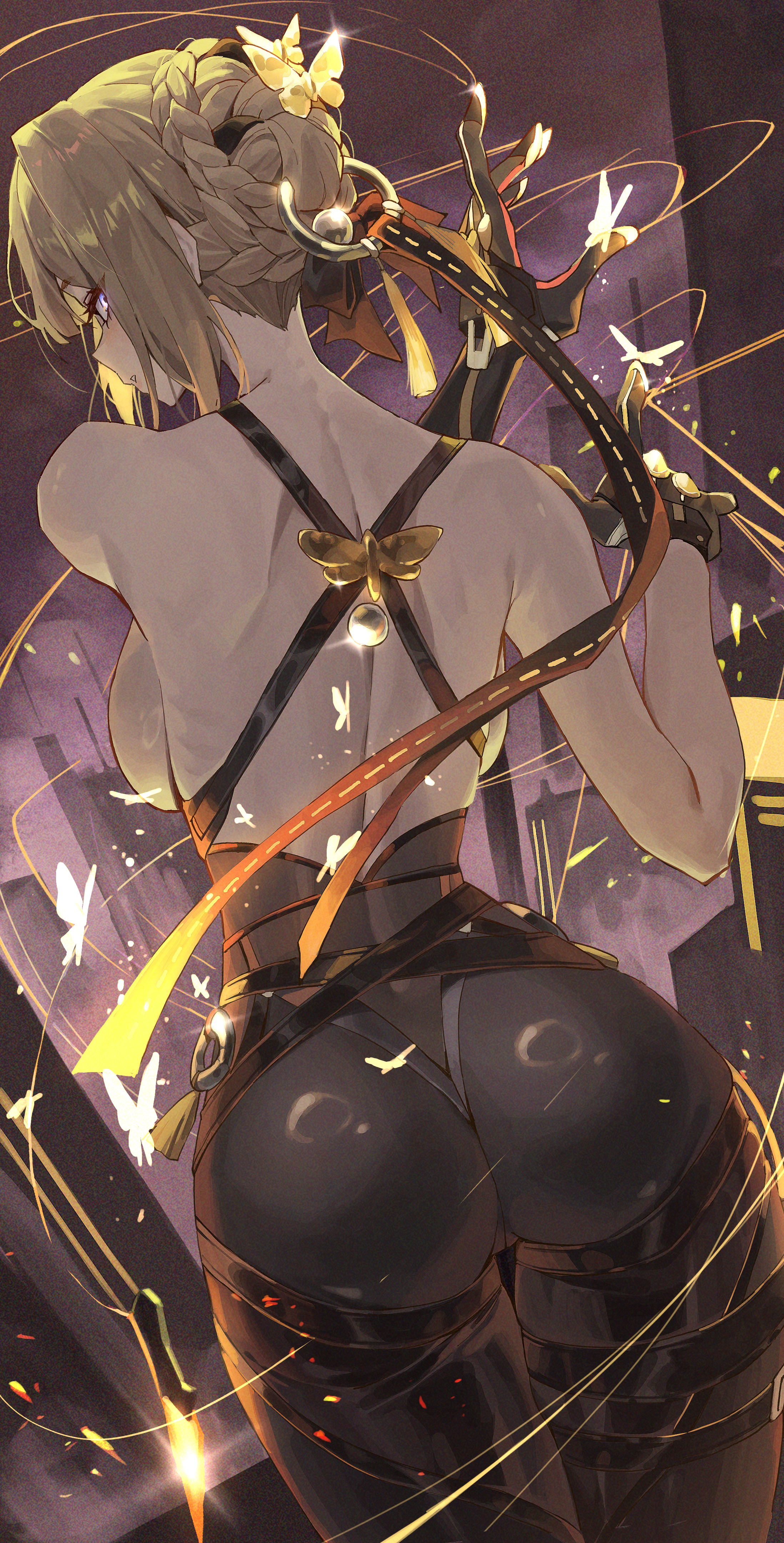 1girls, ass, backboob, big ass, blonde hair, breasts, bubble ass, bubble butt, evelyn chevalier, fat ass, female, female only, huge ass, large ass, looking at viewer, looking back, netural, solo, thick ass, thick thighs, wide hips, zenless zone zero