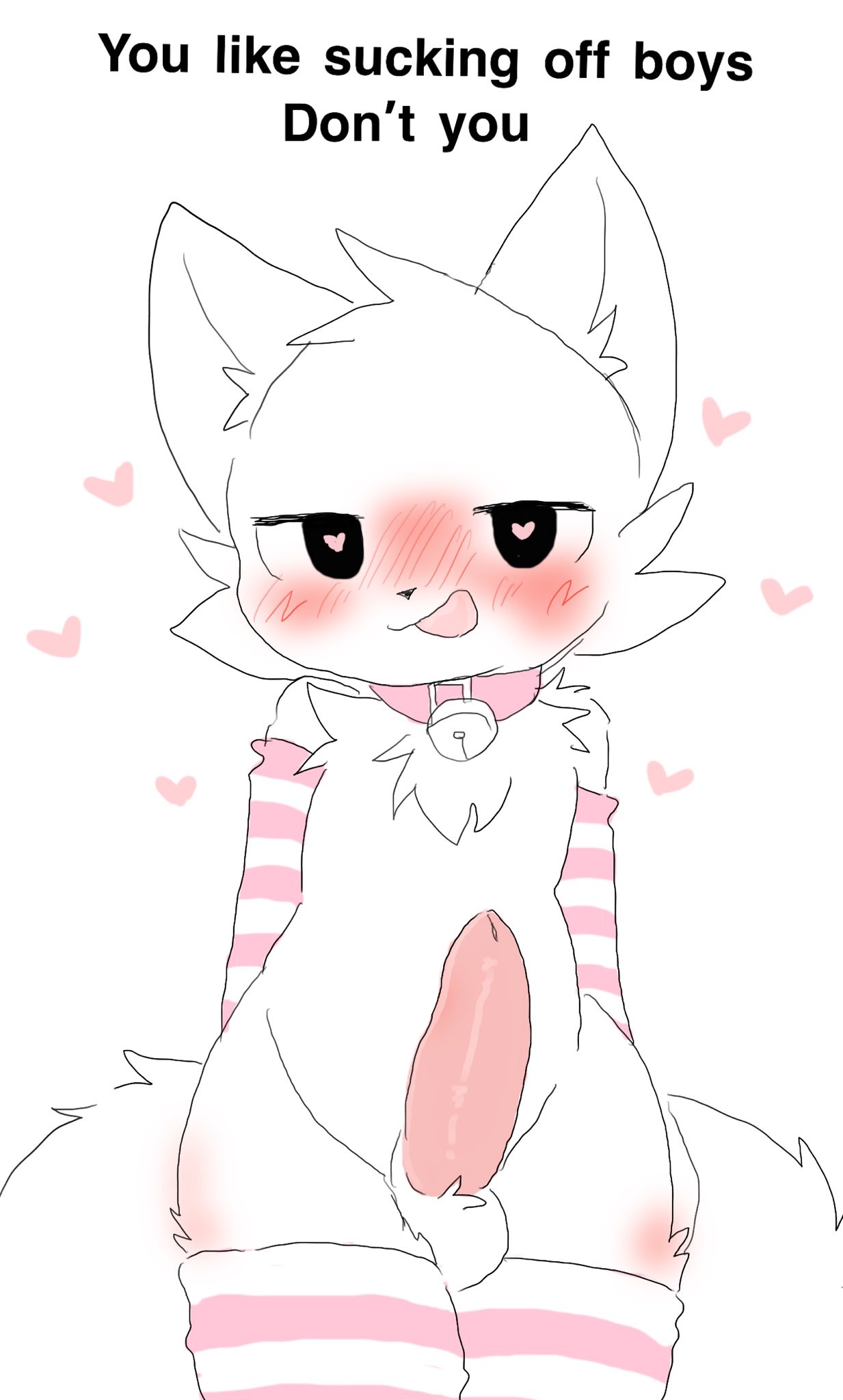 :3, 1boy, 2d, anthro, anthro only, armwear, blush, boykisser, boykisser (meme), collar, edit, edited, english text, erect penis, erection, femboy, fur, furry, heart-shaped pupils, legwear, male, male only, operario juniors, penis, sanu (サヌ), silly cat (mauzymice), smile, solo, tail, text, tongue, tongue out