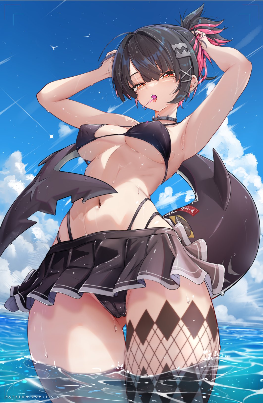 1girls, alternate costume, armpits, arms up, bicio, bikini, black bikini, black hair, blue sky, breasts, candy, cloud, cloudy sky, commentary, day, ellen joe, english commentary, female, female only, fins, fish tail, food, food in mouth, gluteal fold, high ponytail, highleg, highleg bikini, highres, large breasts, lollipop, looking at viewer, miniskirt, mole, mole under eye, navel, pleated skirt, ponytail, red eyes, red hair, shark girl, shark tail, sharp teeth, short hair, short ponytail, skirt, sky, solo, swimsuit, tail, teeth, tongue, tongue out, wading, watermark, web address, wet, zenless zone zero