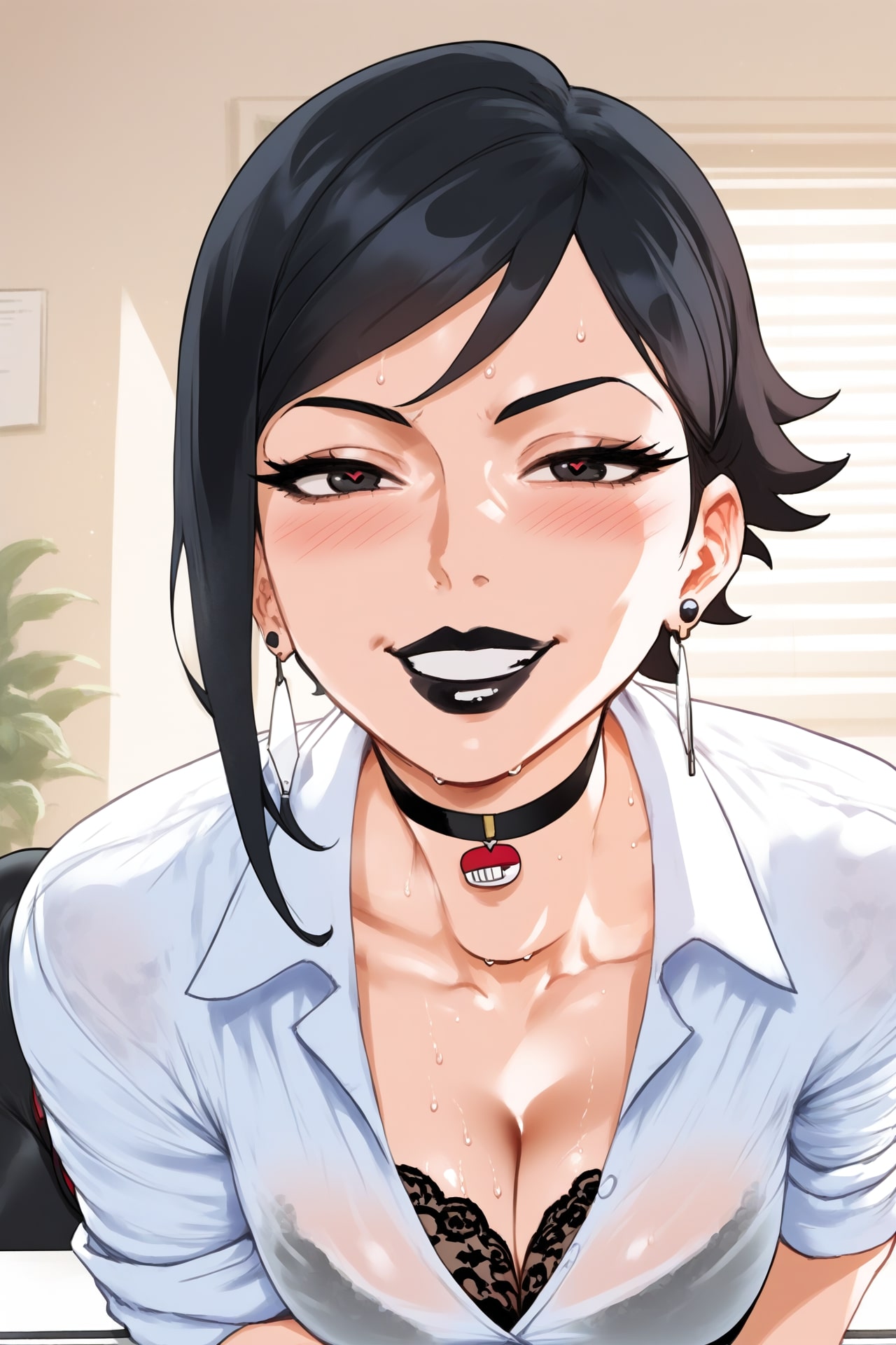 1girls, aged up, ai generated, bangs, black eyes, black hair, black lipstick, boruto: naruto next generations, bra, breasts, choker, cleavage, cleavage cutout, collarbone, earring, earrings, earrrings, eyelashes, female, female focus, female only, hi res, high quality, high resolution, highres, lace-trimmed bra, leaning forward, light skin, light-skinned female, lips, lipstick, makeup, mature, mature female, mature woman, medium breasts, mommy, multiple earrings, naruto, naruto (series), naruto shippuden, office, office clothing, office lady, older female, parted bangs, parted lips, piercing, piercings, pose, posing, sarada uchiha, seductive, seductive eyes, seductive look, seductive pose, seductive smile, see-through, see-through clothes, see-through clothing, see-through shirt, see-through top, self upload, short hair, sleeves rolled up, smile, smiling at viewer, smirk, smirking, smug, sweat, uchiha sarada, velutinx, white shirt