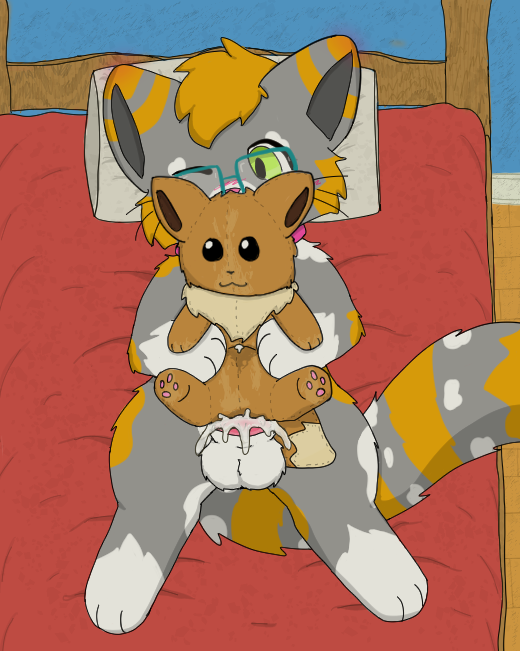 3_fingers 3_toes animal_genitalia animal_penis balls bed bedroom blush bodily_fluids calico_cat collar collar_only comic cookid cum cum_in_plushie cum_inside cum_stain detailed_background dilute_calico domestic_cat ear_blush eevee ejaculation eyewear feet felid feline feline_genitalia feline_penis felis feral fingers fur furniture generation_1_pokemon genital_fluids genitals glasses green_eyes grey_body grey_fur holding_object holding_plushie lying male mammal masturbation nintendo nose_blush nude on_back on_bed one_eye_closed orange_body orange_fur penetrable_sex_toy penis plushie plushophilia pokemon pokemon_(species) sex_toy shaded slinky_(cookid) solo stitch_(sewing) tail toes wearing_glasses whiskers white_body white_fur