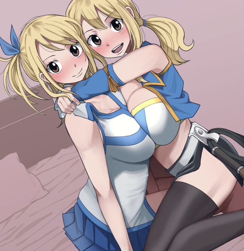 2girls, black skirt, black thighhighs, blonde hair, blonde-haired female, breast press, breasts, brown eyes, cleavage, clone, cropped jacket, fairy tail, female, female only, gemini (fairy tail), hug, large breasts, looking at viewer, lucy heartfilia, midriff, multiple females, multiple girls, reona (mesuinupoke), shirt, sitting, skirt, sleeveless, sleeveless jacket, sleeveless shirt, smile, symmetrical docking, thighhighs, whip, white shirt