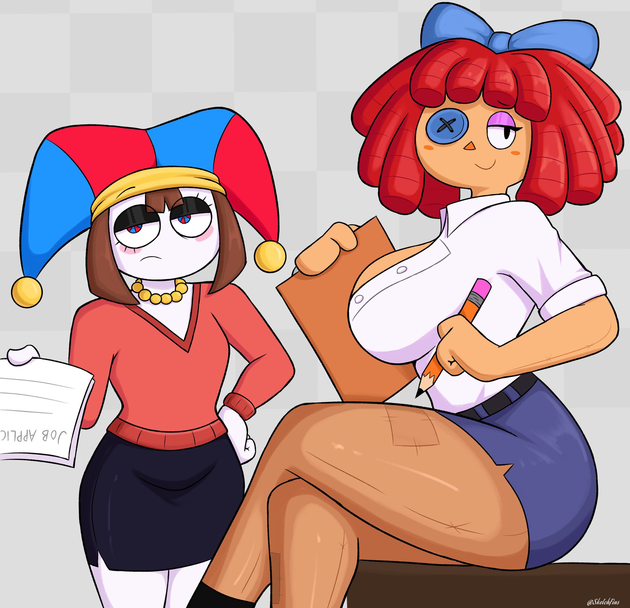 big breasts, breasts, curvy figure, female, glitch productions, job, job application, job interview, office, office clothing, office lady, pomni (the amazing digital circus), ragatha (the amazing digital circus), ragdoll, secretary, sexy, sexy secretary, sketchfins, table, the amazing digital circus, thick, thick thighs, yuri