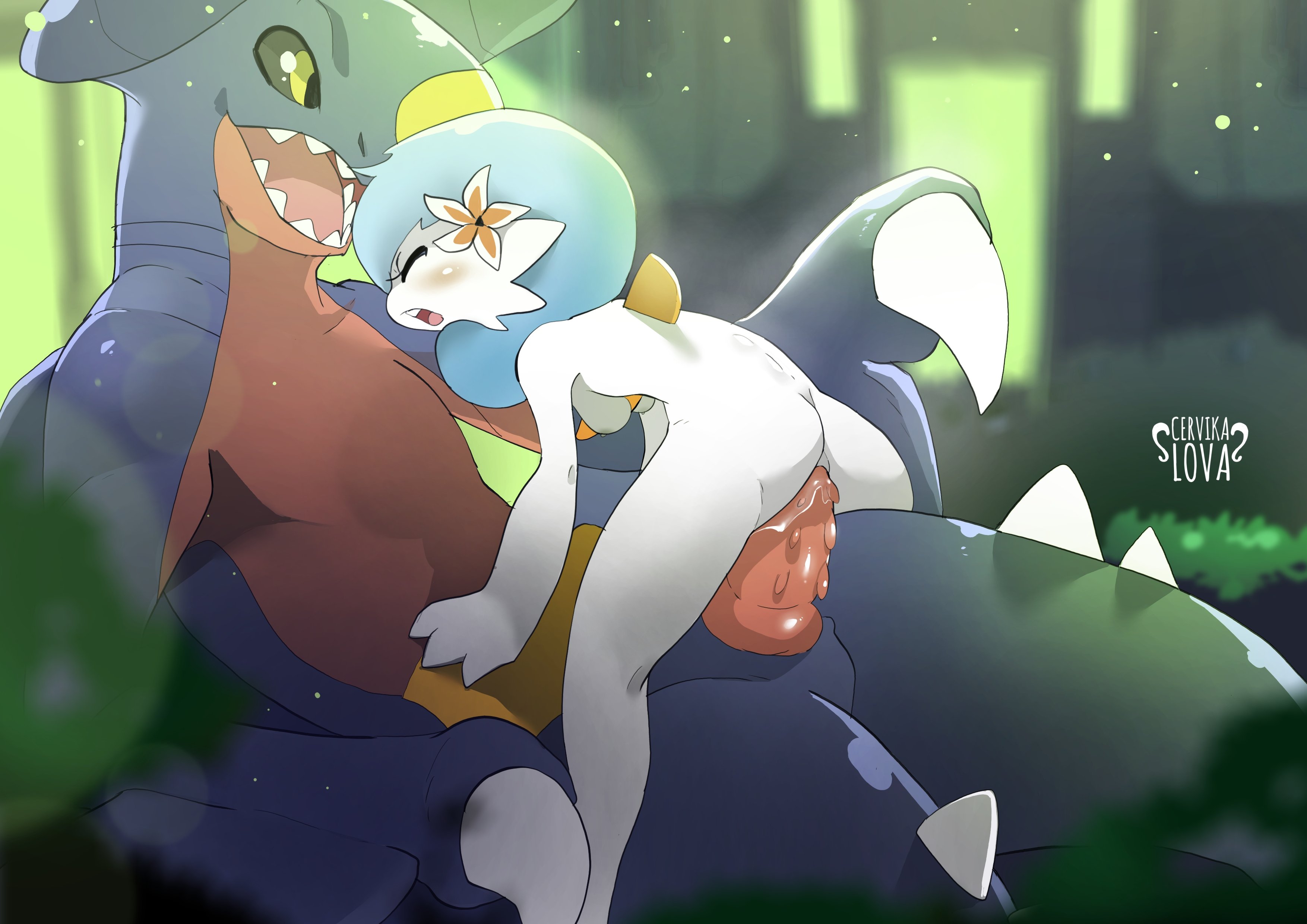 anthro, big dom small sub, blush, breasts, cervikalova, female, garchomp, gardevoir, hi res, huge cock, humanoid, male, open mouth, penis, pokemon, pokemon (species), pussy, pussy juice, riding, riding penis, scalie, shiny gardevoir, shiny pokemon, size difference, small breasts, violet (polyvoir)