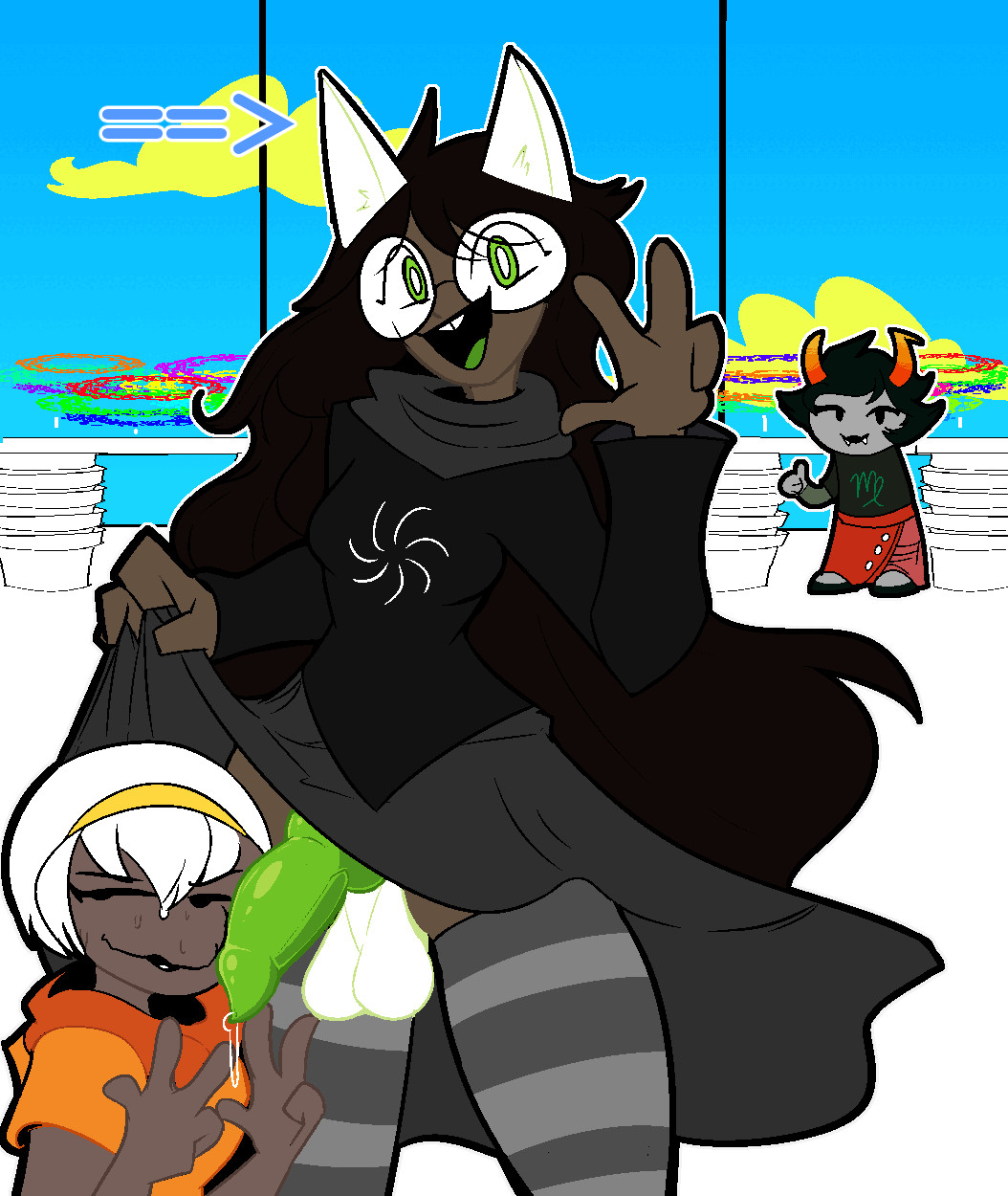 canine penis, corruptedcryptid, cucked by futa, cuckquean, dog ears, flashing, flashing penis, futanari, homestuck, intersex, jade harley, kanaya maryam, knot, mostly clothed, netorare, penis, precum, precum drip, rose lalonde, thighhighs
