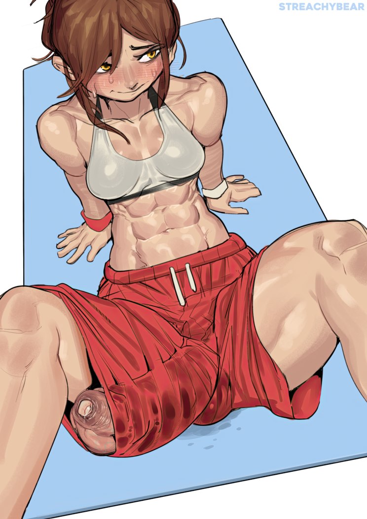 1futa, 2d, abs, basketball shorts, bra, breasts, brigitte, brigitte lindholm, female, foreskin, futa only, futanari, gigantic penis, huge cock, intersex, muscular, muscular futa, overwatch, penis, penis peek, penis slip, penis through leghole, solo, solo futa, streachybear, tomboy, uncircumcised, wardrobe malfunction, workout clothes