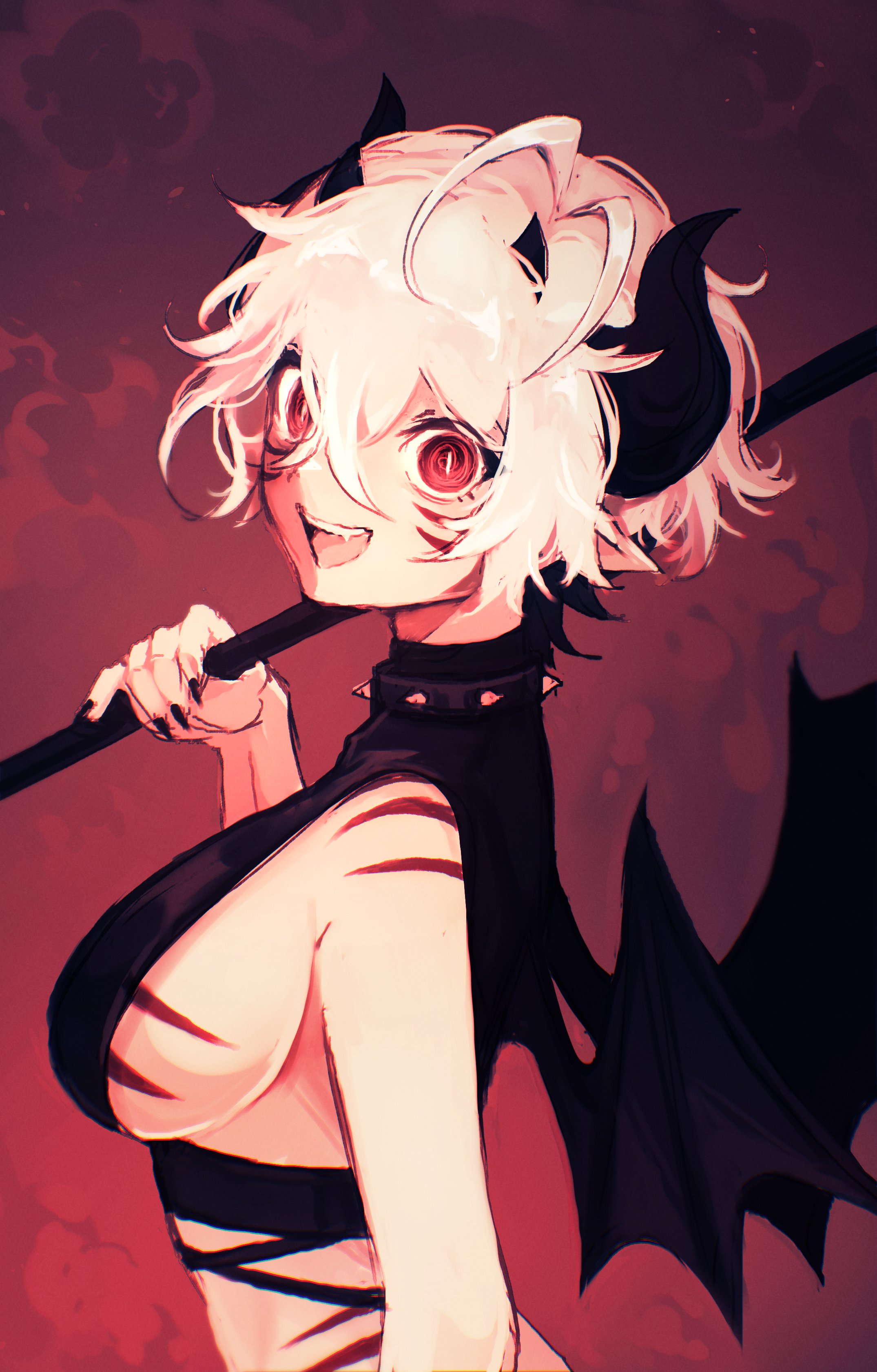 2025, black hair, black nail polish, black nails, blaire rune, blairevt, breasts, crazy eyes, crazy smile, demon horns, demon wings, female, halter top, halterneck, holding weapon, horns, indie virtual youtuber, large breasts, messy hair, nonbinary, oerba yun fang, open mouth, red eyes, red stripes, scythe, short hair, side cutout, sideboob, spiked collar, spiral eyes, striped body, virtual youtuber, vtuber, white hair
