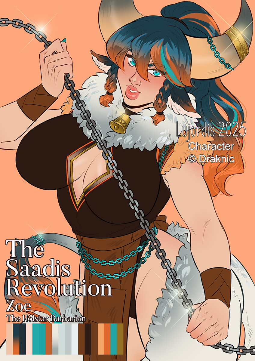 1girls animal_ears animal_tail bell big_breasts blue_eyes braid chains cleavage cowbell_collar diplomacyraptor dnd dungeons_and_dragons female horns long_hair looking_at_viewer lujordis minotaur minotaur_female pathfinder pathfinder_(oc) pinup pinup_pose ponytail saadis_revolution solo_female solo_focus tagme thighs zoe_(dracnic)