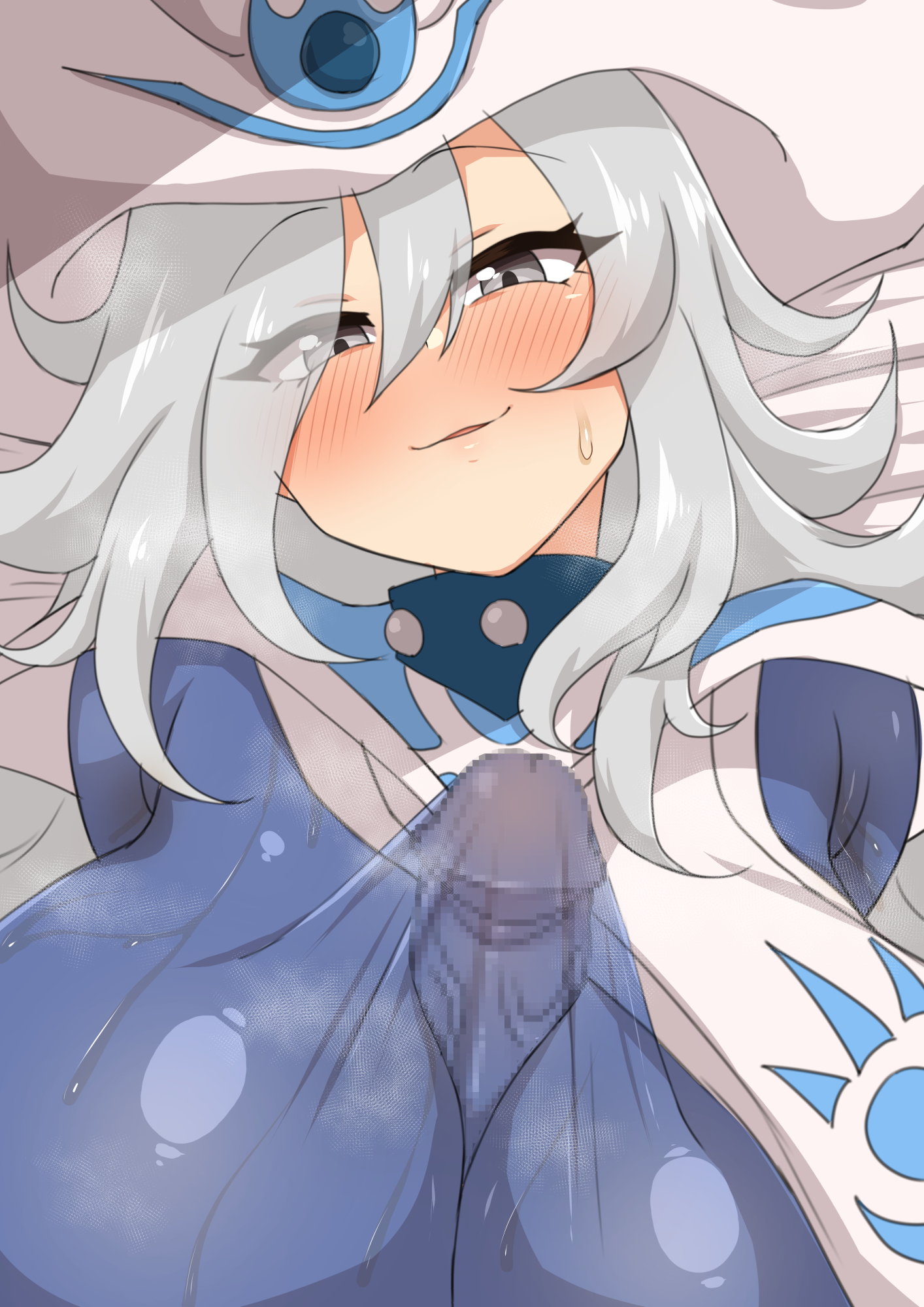 1boy, 1girls, bed, bed sheet, blush, breasts, cleavage, duel monster, emit jb, female, grey eyes, grey hair, hat, large breasts, looking at viewer, male, paizuri, paizuri under clothes, penis, pov, silent magician, straight, sweat, white hair, witch hat, yu-gi-oh!