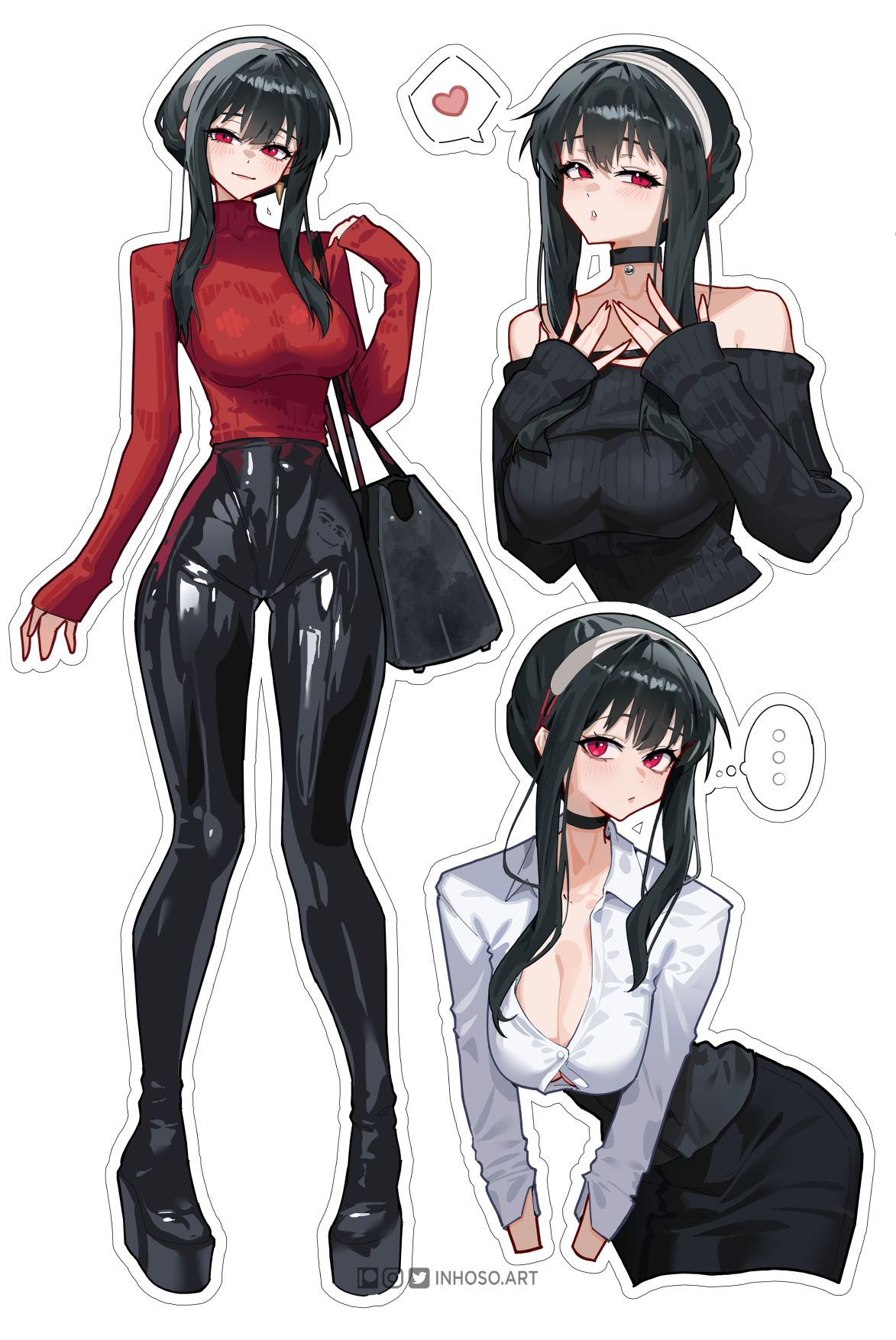 ..., 1girls, bag, black choker, black hair, black pants, black skirt, black sweater, blush, breasts, button gap, choker, cleavage, closed mouth, collared shirt, cropped legs, cropped torso, dress shirt, earrings, female, female only, full body, hair between eyes, hairband, heart, high-waist pants, highres, inhoso, instagram logo, jewelry, large breasts, long sleeves, looking at viewer, meme, multiple views, off shoulder, off-shoulder sweater, pants, parted lips, patreon logo, pencil skirt, red eyes, red sweater, ribbed sweater, roblox man face, shiny clothes, shirt, shoulder bag, sidelocks, simple background, skirt, sleeves past wrists, smile, spoken ellipsis, spoken heart, spy x family, standing, sweater, tight clothes, tight pants, turtleneck, turtleneck sweater, twitter logo, white background, white hairband, white shirt, yor briar, yor forger