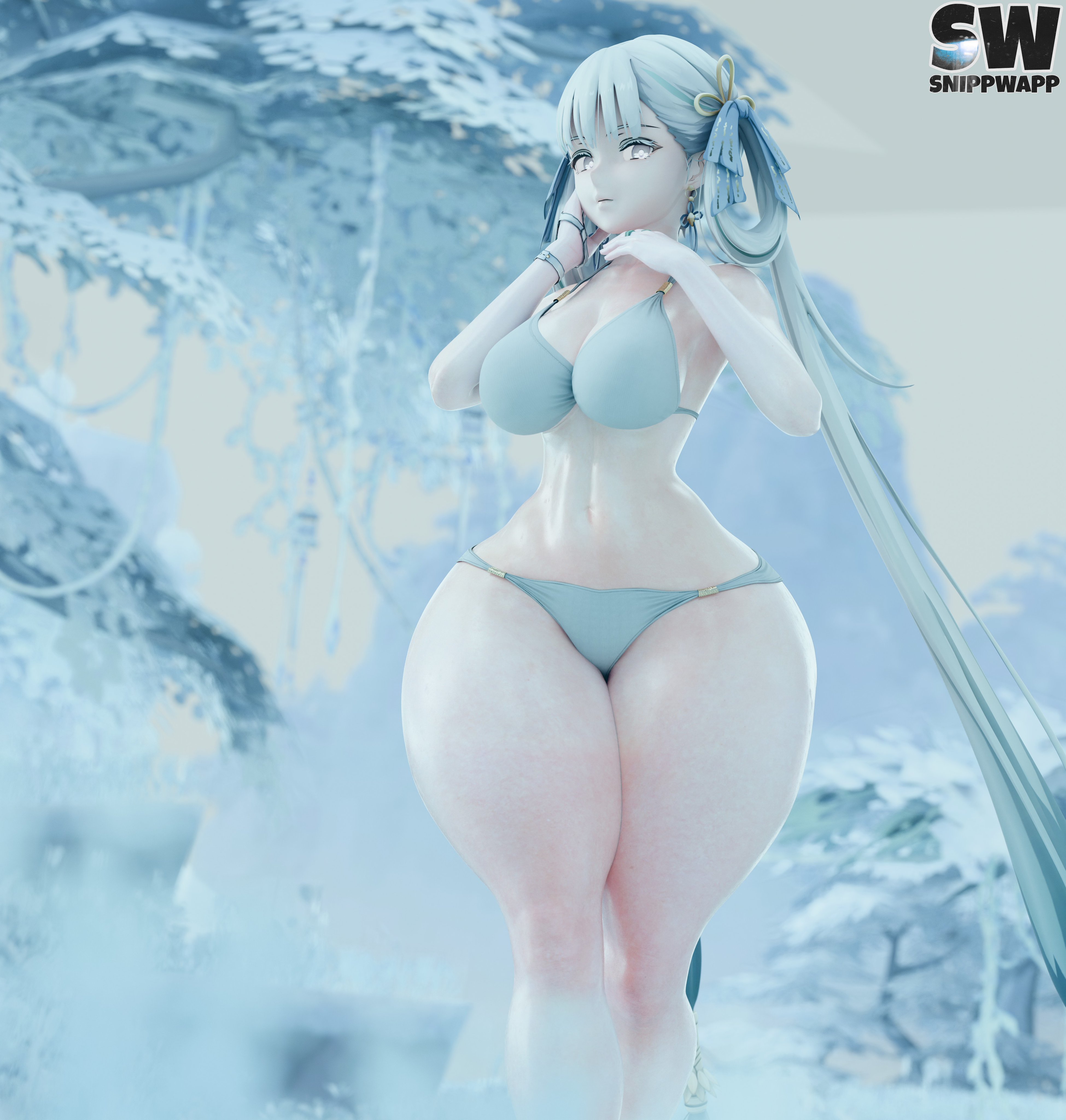 1girls, 3d, 3d (artwork), absurd res, artist logo, ass, bikini, blender, blender (artwork), blender (software), blender cycles, bottom heavy, breasts, curvaceous, curvaceous body, curvaceous female, curvaceous figure, curvy, curvy body, curvy female, curvy figure, female, hi res, highres, huge ass, jinhsi (wuthering waves), kuro games, light skin, light-skinned female, looking at viewer, smile, smiling, snippwapp, thick thighs, two-tone hair, voluptuous, voluptuous female, wide hips, wuthering waves