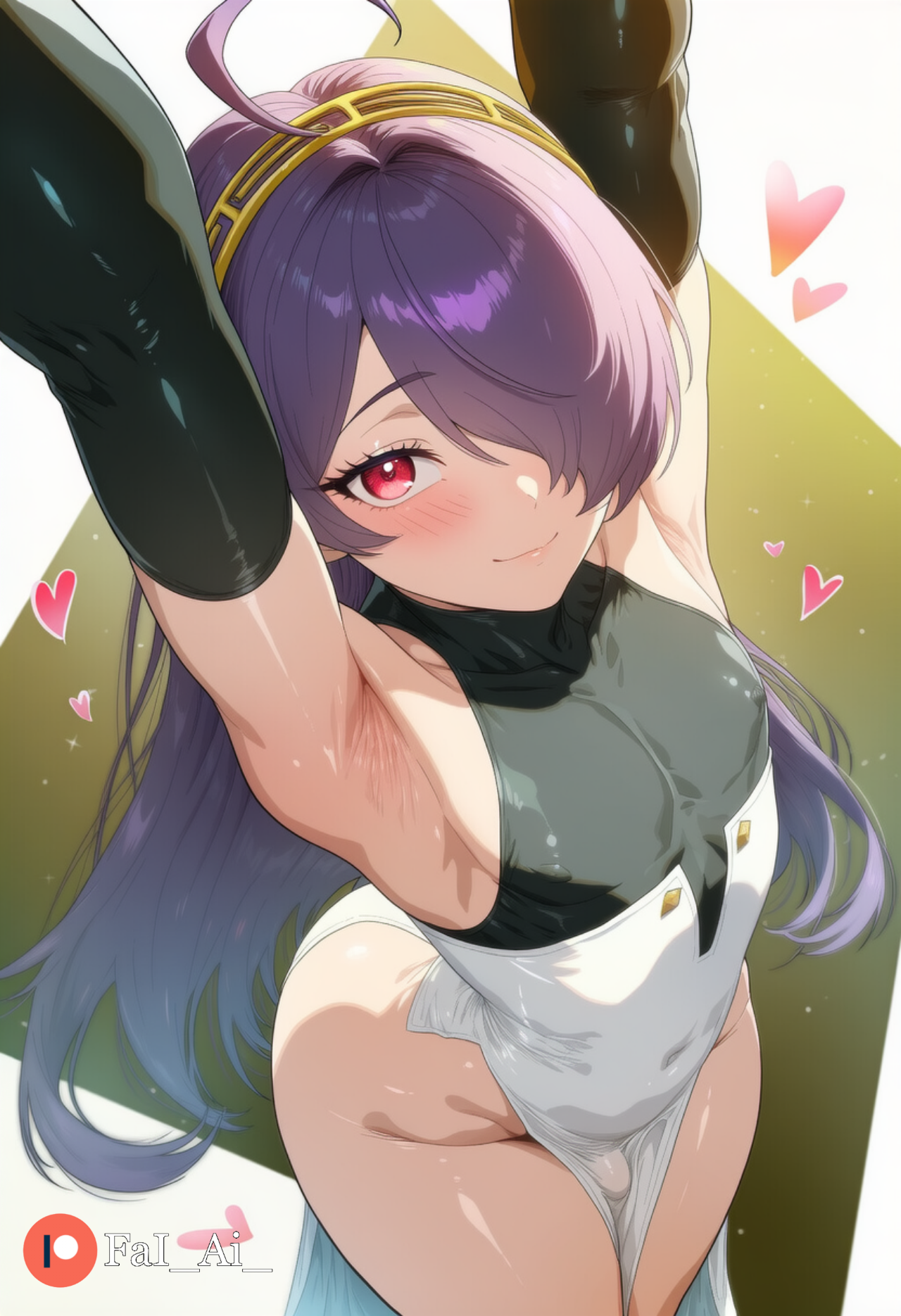 ai generated, armpits, arms up, asuramaru, boy, fai ai , femboy, flat chest, from above, gloves, legs, long hair, looking at viewer, otoko no ko, owari no seraph, pointy ears, purple hair, smile, standing, thick thighs, wide hips, yaoi