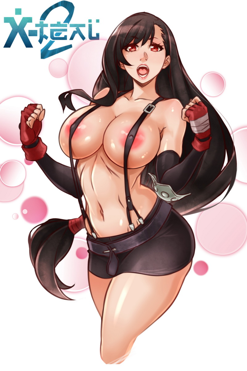 belt, black hair, breasts, covered nipples, cropped legs, detached sleeves, elbow pads, female, female only, final fantasy, final fantasy vii, fingerless gloves, gloves, human, large breasts, long hair, looking at viewer, low-tied long hair, navel, open mouth, red eyes, shiny, shiny skin, skirt, smile, solo, suspenders, tifa lockhart, very long hair, x-teal