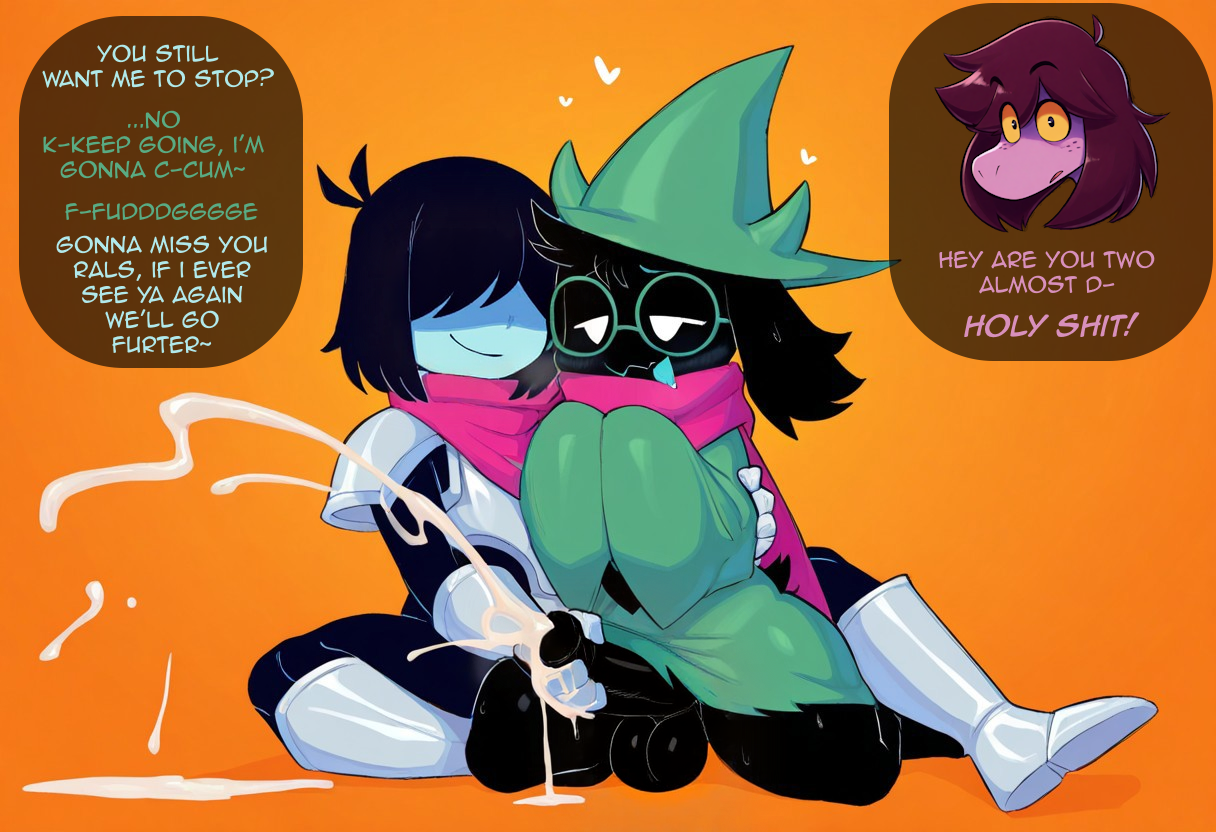 2025, absurd res, ai generated, anthro, anthro male, balls, big penis, black balls, black body, black fur, blush, bodily fluids, bottomless, bovid, caprine, clothed, clothing, clothing lift, cum, cum on hand, cumshot, deltarune, dialogue, duo, ejaculation, english text, erection, erection under clothing, eyewear, footwear, fur, furry, furry male, gay, genital fluids, genitals, glasses, goat, group, hair, handjob, hat, headgear, headwear, heart, hellsonger, hi res, human, humanoid genitalia, humanoid penis, interspecies, kneeling, kris (deltarune), male, male on human, mammal, orgasm, penile, penis, precum, ralsei, robe, saliva, scarf, sex, simple background, smile, speech bubble, susie (deltarune), sweat, text, undertale (series), yaoi