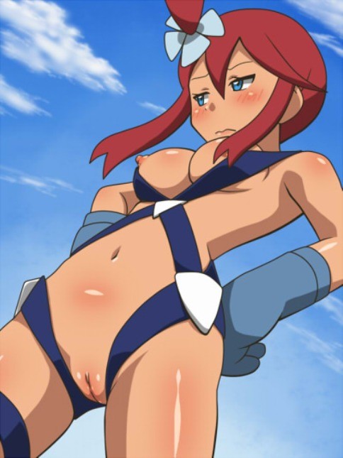 blue eyes, blush, breasts, female, pokemon, red hair, skyla (pokemon), solo