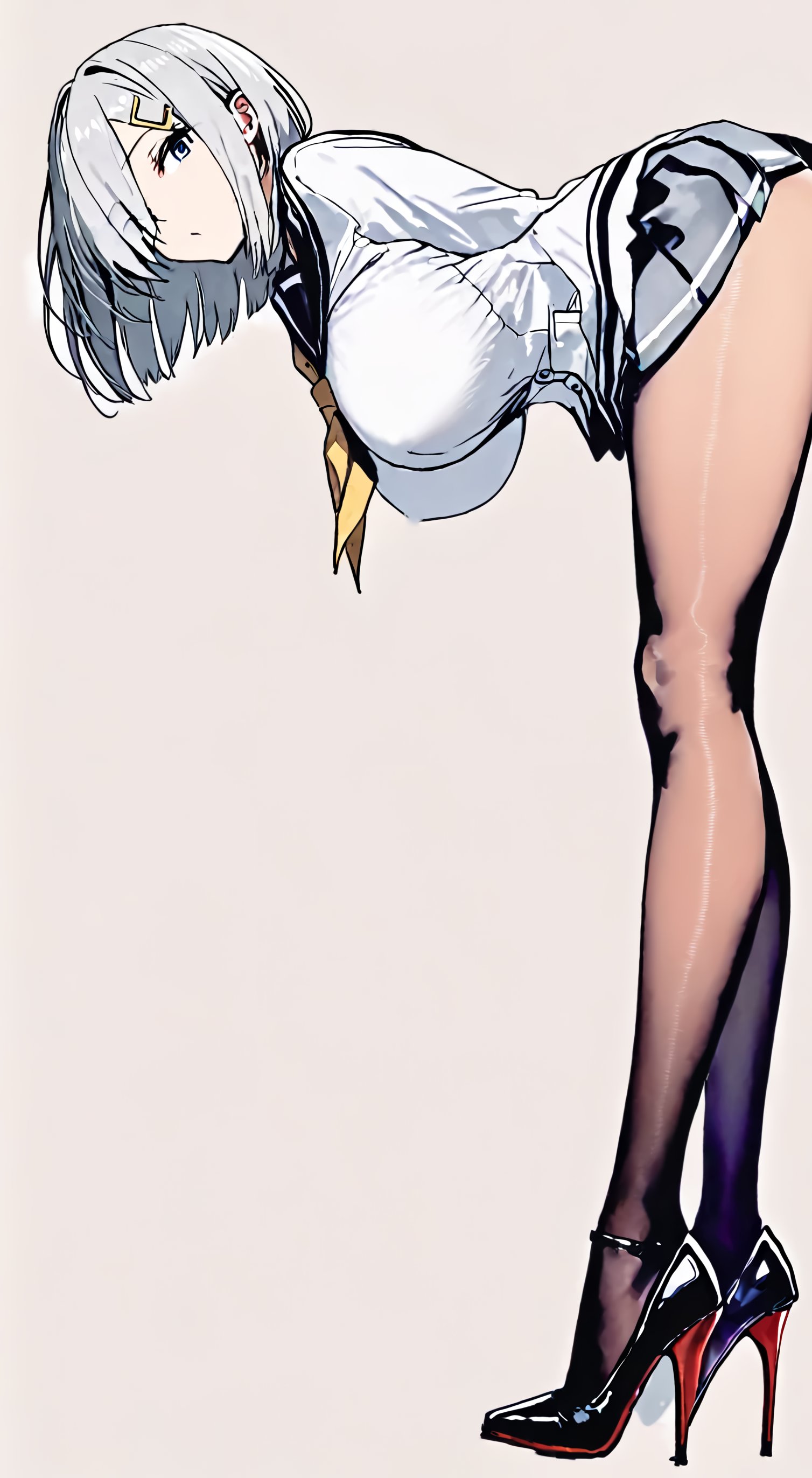 1girls, 2025, 2d, bending forward, bending over, big breasts, breasts, clothed, clothed female, darenandaomaewa, female, female focus, female only, hair over one eye, hamakaze (kantai collection), hanging breasts, heels, high heels, kantai collection, large boobs, large breasts, legs, long legs, looking aside, looking at viewer, louboutin (shoes), medium hair, medium-haired female, side view, silver hair, silver-haired female, slender body, slender legs, solo, solo focus, standing, stiletto heels, strappy heels, video game character