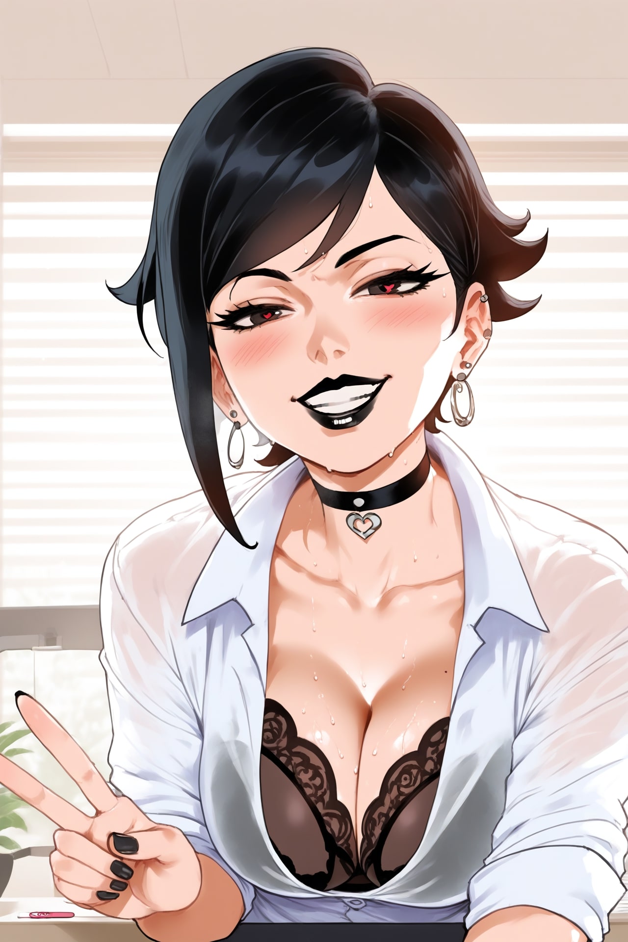 1girls, aged up, ai generated, bangs, black eyes, black fingernails, black hair, black lipstick, boruto: naruto next generations, bra, breasts, choker, cleavage, cleavage cutout, collarbone, earring, earrings, earrrings, eyelashes, female, female focus, female only, fingernails, hi res, high quality, high resolution, highres, lace-trimmed bra, leaning forward, light skin, light-skinned female, lips, lipstick, makeup, mature, mature female, mature woman, medium breasts, mommy, multiple earrings, naruto, naruto (series), naruto shippuden, office, office clothing, office lady, older female, open clothes, open shirt, parted bangs, parted lips, peace sign, piercing, piercings, pose, posing, sarada uchiha, seductive, seductive eyes, seductive look, seductive pose, seductive smile, see-through, see-through clothes, see-through clothing, see-through shirt, see-through top, self upload, short hair, sleeves rolled up, smile, smiling at viewer, smirk, smirking, smug, sweat, uchiha sarada, v, velutinx, victory pose, white shirt