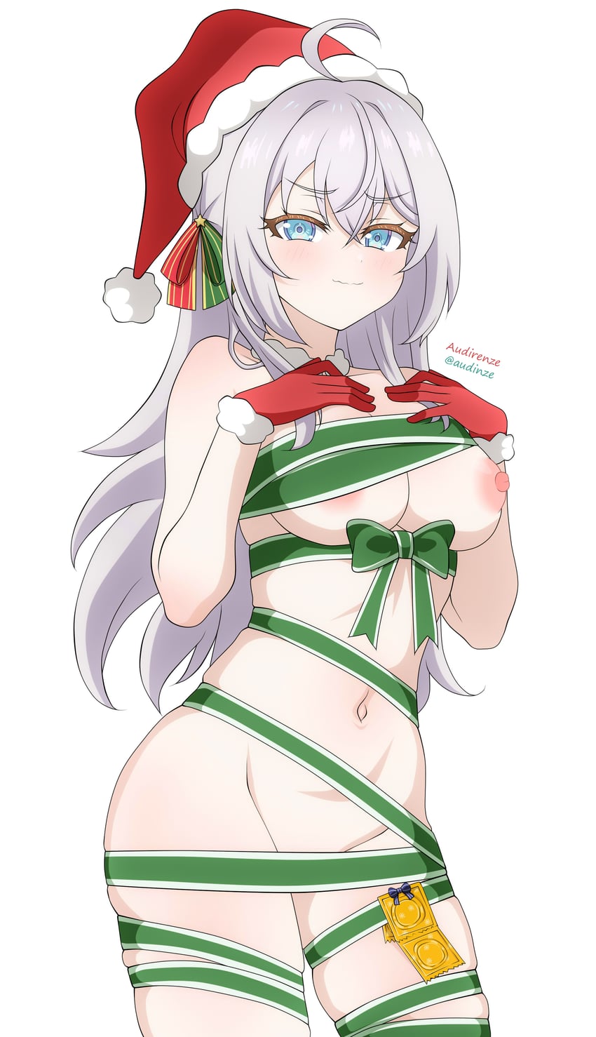 1girls, absurd res, ahoge, alisa mikhailovna kujou, audirenze, blue eyes, breasts, closed mouth, commentary, female, fur trim, fur-trimmed gloves, fur-trimmed headwear, gloves, green ribbons, grey hair, hat, hi res, long hair, looking at viewer, medium breasts, naked ribbon, navel, nipples, red gloves, red hat, ribbon, santa hat, simple background, solo, tokidoki bosotto russian de dereru tonari no alya-san, white background