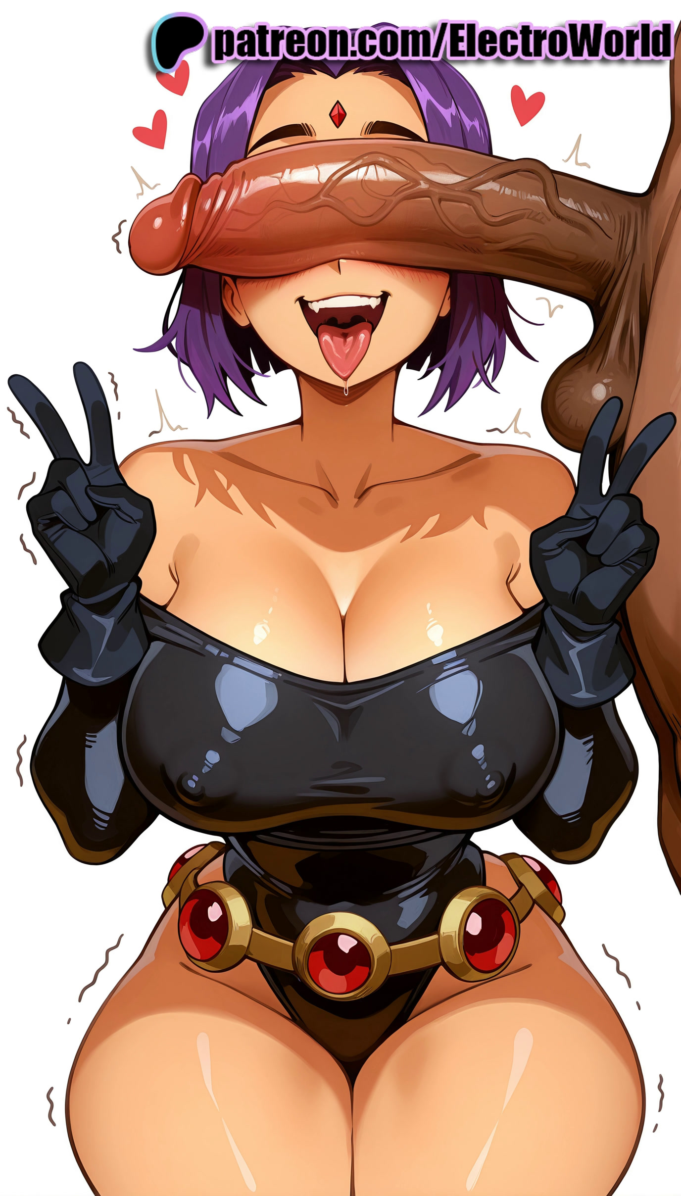 1girls, 2025, ahe gao, ai generated, artist name, bare shoulders, belt, big breasts, big chest, black gloves, breasts, bust, busty, chest, cock, cum, dark skin, dark-skinned male, dc, dc comics, dick, double v, duo, electroworld, fellatio gesture, female, gloves, heart, hi res, high quality, high resolution, highres, large breasts, male, male/female, motion lines, patreon, patreon username, penis, purple hair, raven (dc), short hair, stable diffusion, straight, tongue, tongue out, transparent background, trembling, twitching penis, v, w, watermark