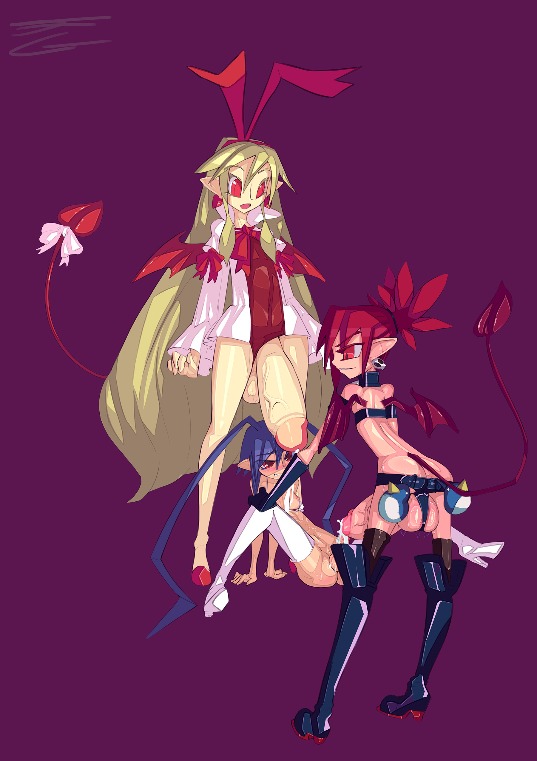 1boy, 2girls, ahe gao, androgynous, backsack, balls, ballsack, blush, club shaped penis, crossdressing, cum, cum drip, demon, demon boy, demon girl, demon tail, demon wings, demons, disgaea, docking, etna, exposed balls, exposed nipples, exposed penis, female, femboy, flonne, futa is bigger, futa on male, futanari, girly, high heel boots, high heels, huge cock, huge penis, hyper balls, hyper penis, hyper testicles, intersex, laharl, large penis, long penis, male, necrosmos, partially clothed, penis, penis size comparison, penis size difference, red eyes, spread legs, testicles, thick penis, threesome, trap, veiny penis