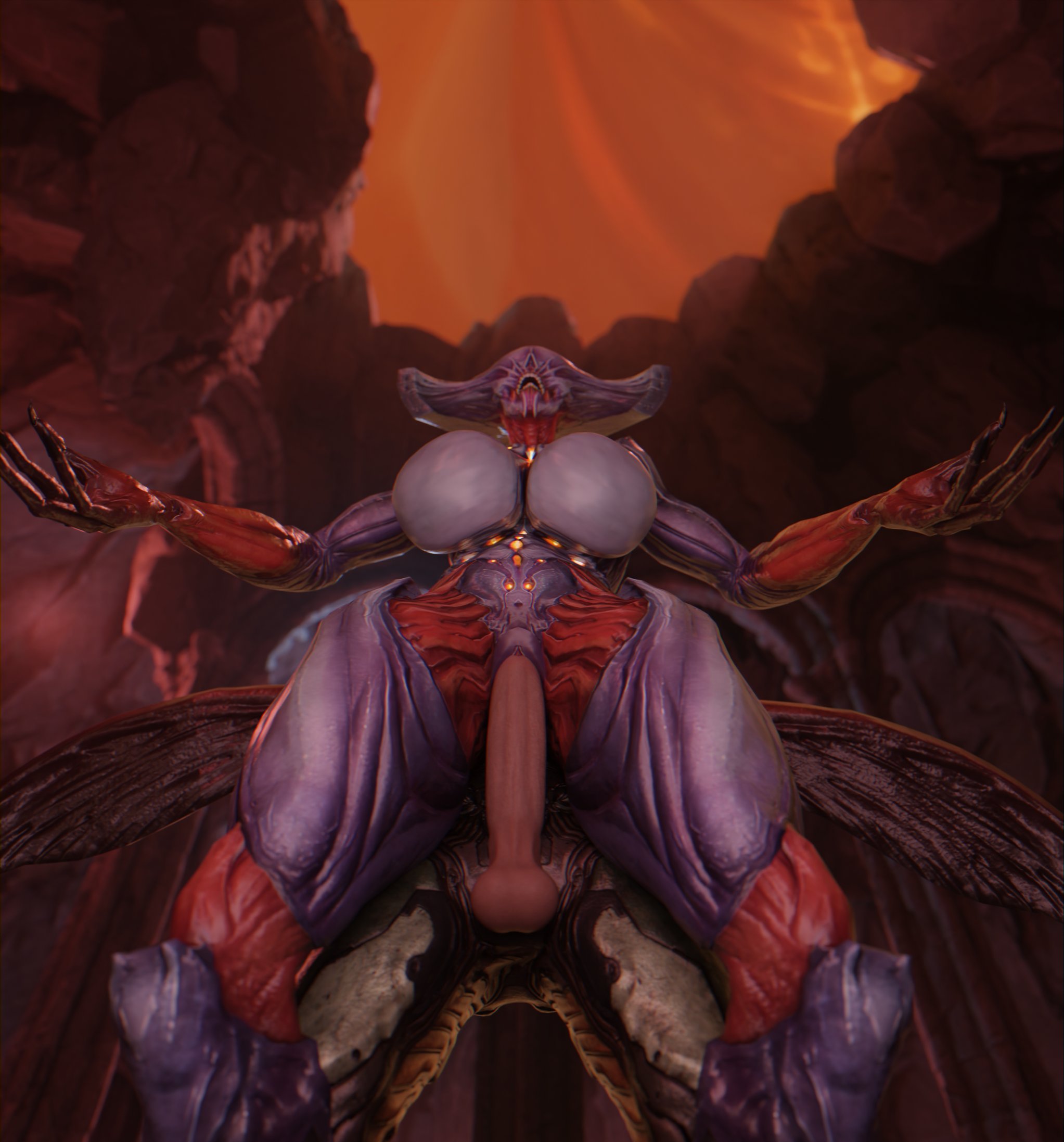 1boy, 1girls, 3d, breasts, demon, demon girl, doom, female, female focus, female monster, front view, huge breasts, male, monster, monster girl, nightmare waifu, orange sky, penis, pussy, straight, summoner (doom), vaginal penetration, vensaku, viewed from below
