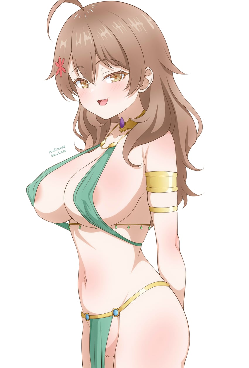 1girls, absurd res, ahoge, areola slip, artist name, audirenze, bikini top only, blush, bondage, breasts, brown eyes, brown hair, commentary, cowboy shot, female, flower, from side, gold armlet, green bikini, green loincloth, hair flower, hair ornament, harem outfit, hi res, large breasts, loin cloth, long hair, looking at viewer, maria mikhailovna kujou, navel, open mouth, pelvic curtain, pussy, revealing clothes, simple background, slave, solo, swimsuit, tokidoki bosotto russian de dereru tonari no alya-san, twitter username, uncensored, white background