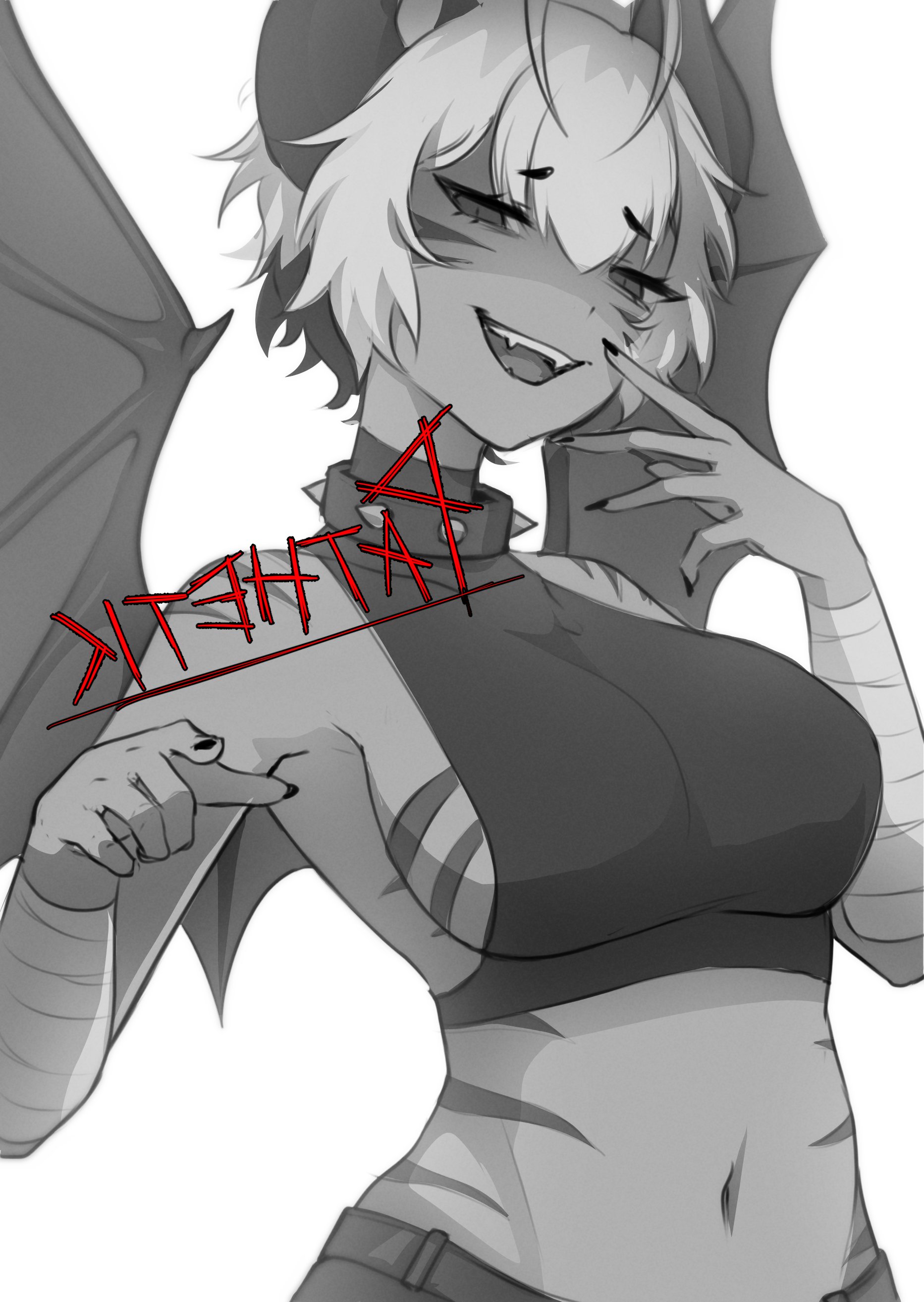 bandaged arm, belly button, black hair, black nail polish, black nails, blaire rune, blairevt, breasts, condescending, demon horns, demon wings, fangs, female, greyscale, halter top, halterneck, hand on face, horns, indie virtual youtuber, insult, insulting viewer, jean shorts, narrowed eyes, nonbinary, open mouth, pathetic, red eyes, red stripes, short hair, sideboob, smug, striped body, text, virtual youtuber, vtuber, white hair