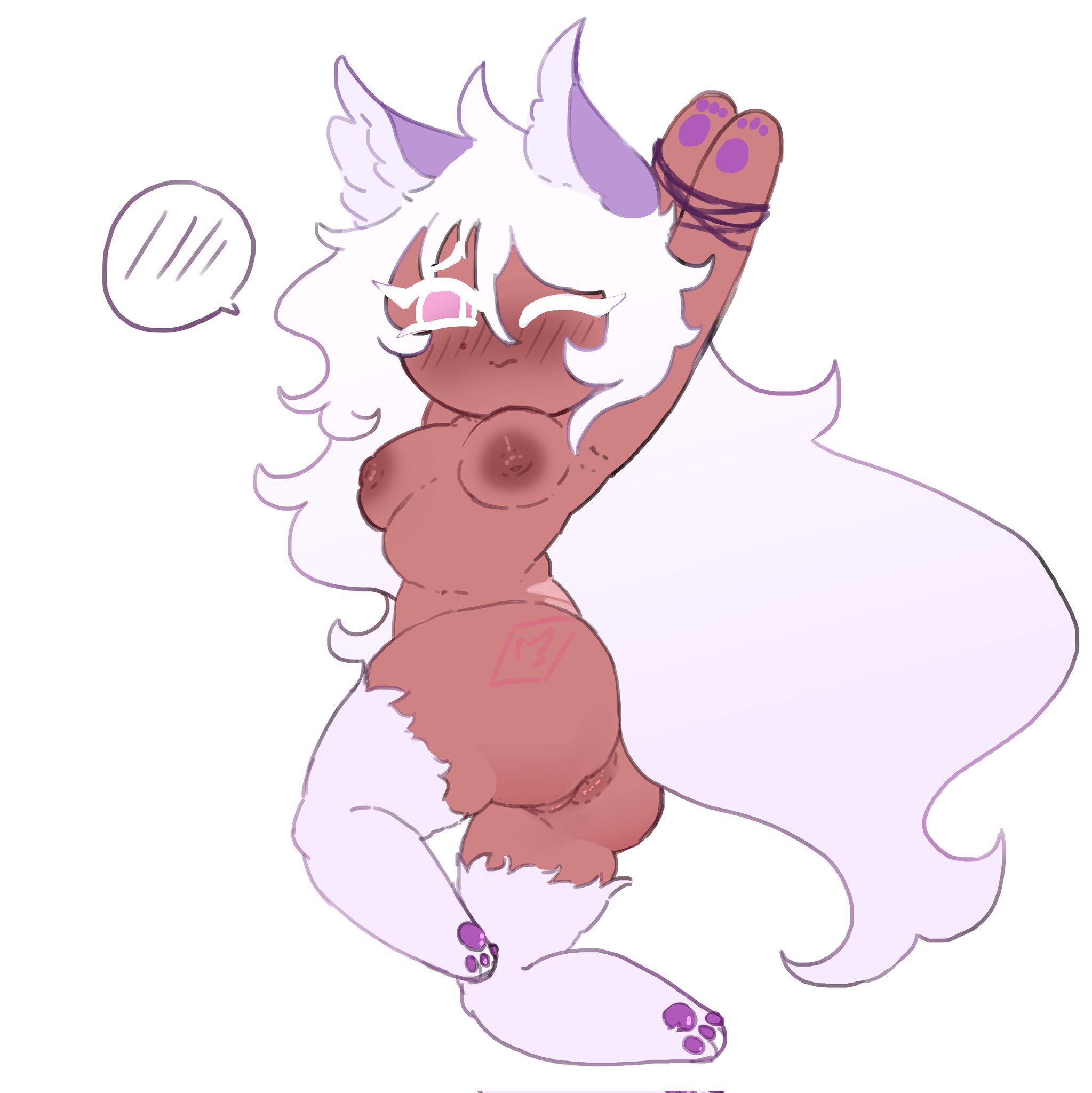 blueberry milk cookie (arielbonovo), brown body, brown nipples, cookie run, cookie run oc, fan art, magpieredd, non binary, paws, scars, white fur, white hair, winking eye