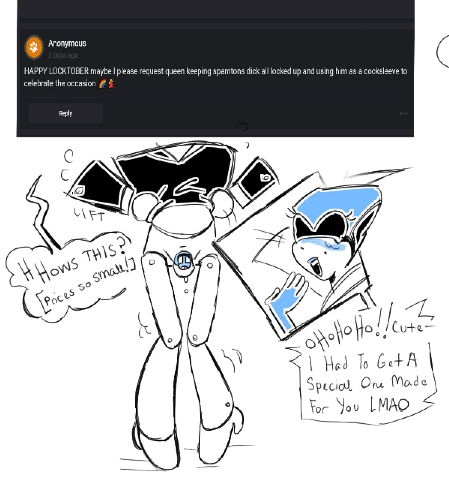 bedsidewater (artist), chastity cage, cock cage, deltarune, deltarune chapter 2, doll joints, dominant female, female, male, male focus, penis, queen (deltarune), request, spamton g spamton, submissive male