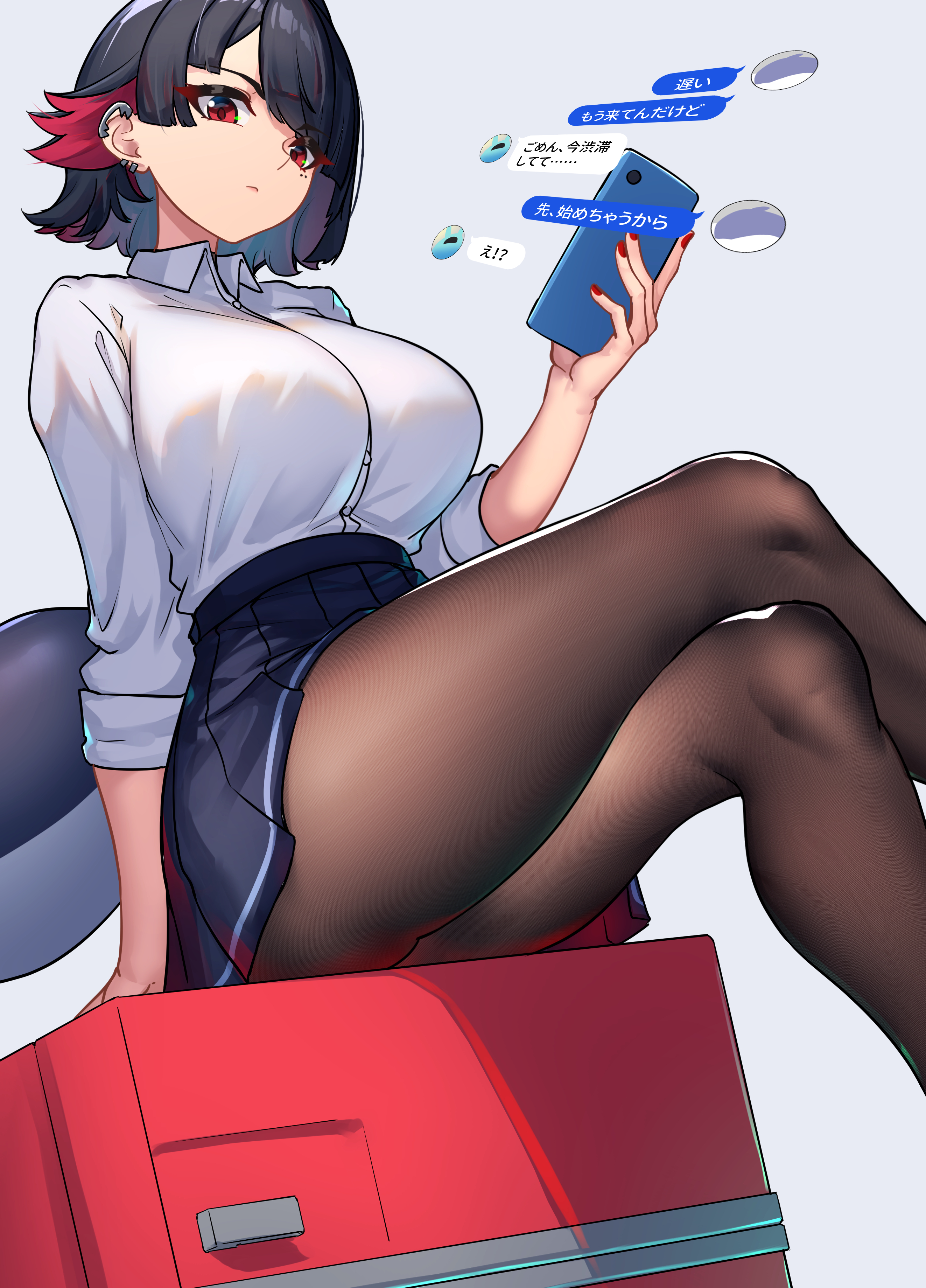 1girls, absurdres, ass, black hair, black pantyhose, black skirt, breasts, brown pantyhose, cellphone, collared shirt, colored inner hair, crossed legs, dress shirt, ear piercing, earclip, ellen joe, ellen joe (on campus), female, female only, fingernails, fins, fish tail, flipped hair, from below, highres, holding, holding phone, large breasts, long sleeves, looking at viewer, miniskirt, mole, mole under eye, multicolored hair, nicchi, nichesnake, pantyhose, phone, piercing, pleated skirt, red eyes, red hair, red nails, school uniform, shark girl, shark tail, shirt, short hair, sitting, skirt, sleeves rolled up, smartphone, solo, tail, thighs, two-tone hair, white shirt, wing collar, zenless zone zero