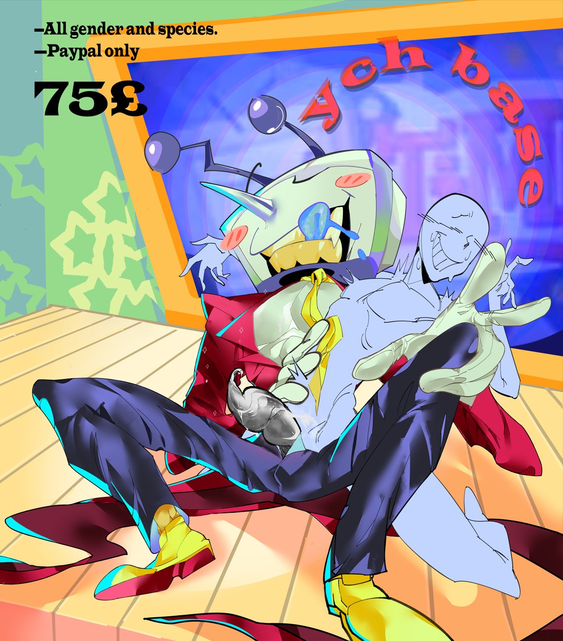 2boys, cakicidilara, commission, deltarune, deltarune chapter 3, fanart, gay, male, male only, penis, scene, screen face, suit and tie, tenna (deltarune), tentacle, tentacle penis, tv, tv head, yaoi, ych, ych (character)