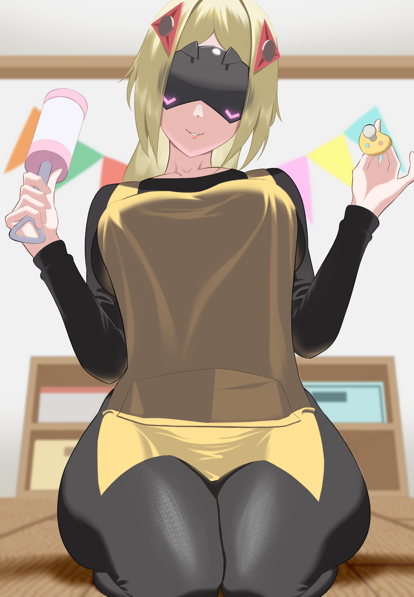 1girls, apron, black blindfold, black shirt, blindfold, blonde hair, cute, female, female only, hair ornament, hammerkick, highres, long hair, looking at viewer, not porn, pacifier, shirt, sitting, smile, thighs, triangle hair ornament, trigger (zenless zone zero), wholesome, yellow apron, zenless zone zero