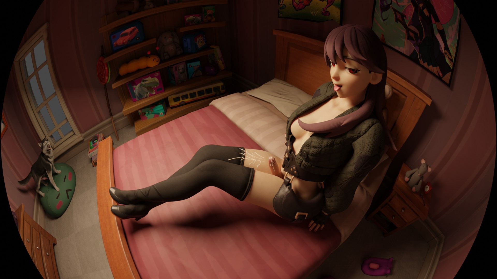 1boy, 1futa, 3d, bedroom, brat, canine, dog penis, feral, fortnite, futanari, husky, intersex, knot, lexa (fortnite), lexa hexbringer (fortnite), male, penis