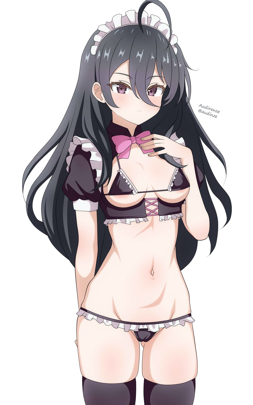 1girls, absurd res, ahoge, ass visible through thighs, audirenze, bikini, black bikini, black hair, black shrug, black thighhighs, bow, breasts, cameltoe, collared shrug, female, frilled bikini, frilled bikini top, hi res, kimishima ayano, long hair, looking at viewer, maid, maid bikini, navel, pink bow, purple eyes, pussy, shrug (clothing), simple background, small breasts, solo, swimsuit, thighhighs, tokidoki bosotto russian de dereru tonari no alya-san, unconventional maid, white background