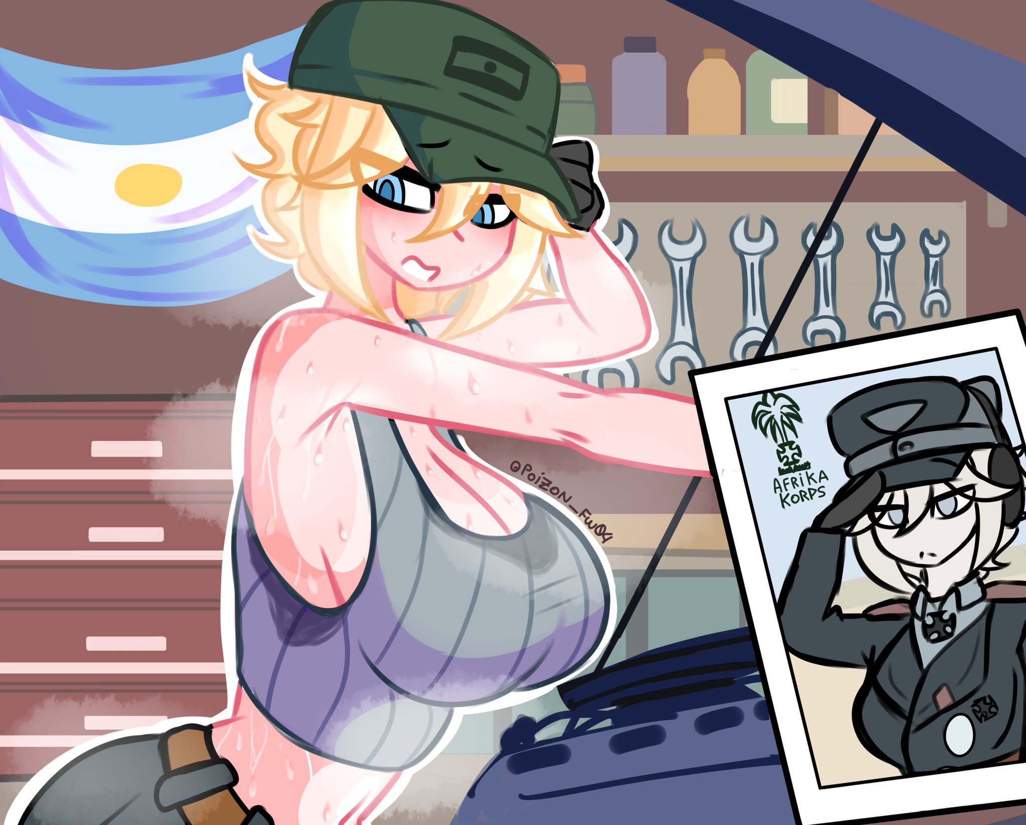 1girls, argentina, armpit fetish, armpits, big breasts, blonde hair, blue eyes, blush, breasts, exposed breasts, female, female focus, female only, german, german female, heat, looking back, mechanic, military uniform, musk, musk clouds, nazi, nazi uniform, original, poizon fw04, steam, steaming body, steamy breath, sweat, sweatdrop, sweating, sweaty body, tank top, tanline, tomboy, white skin