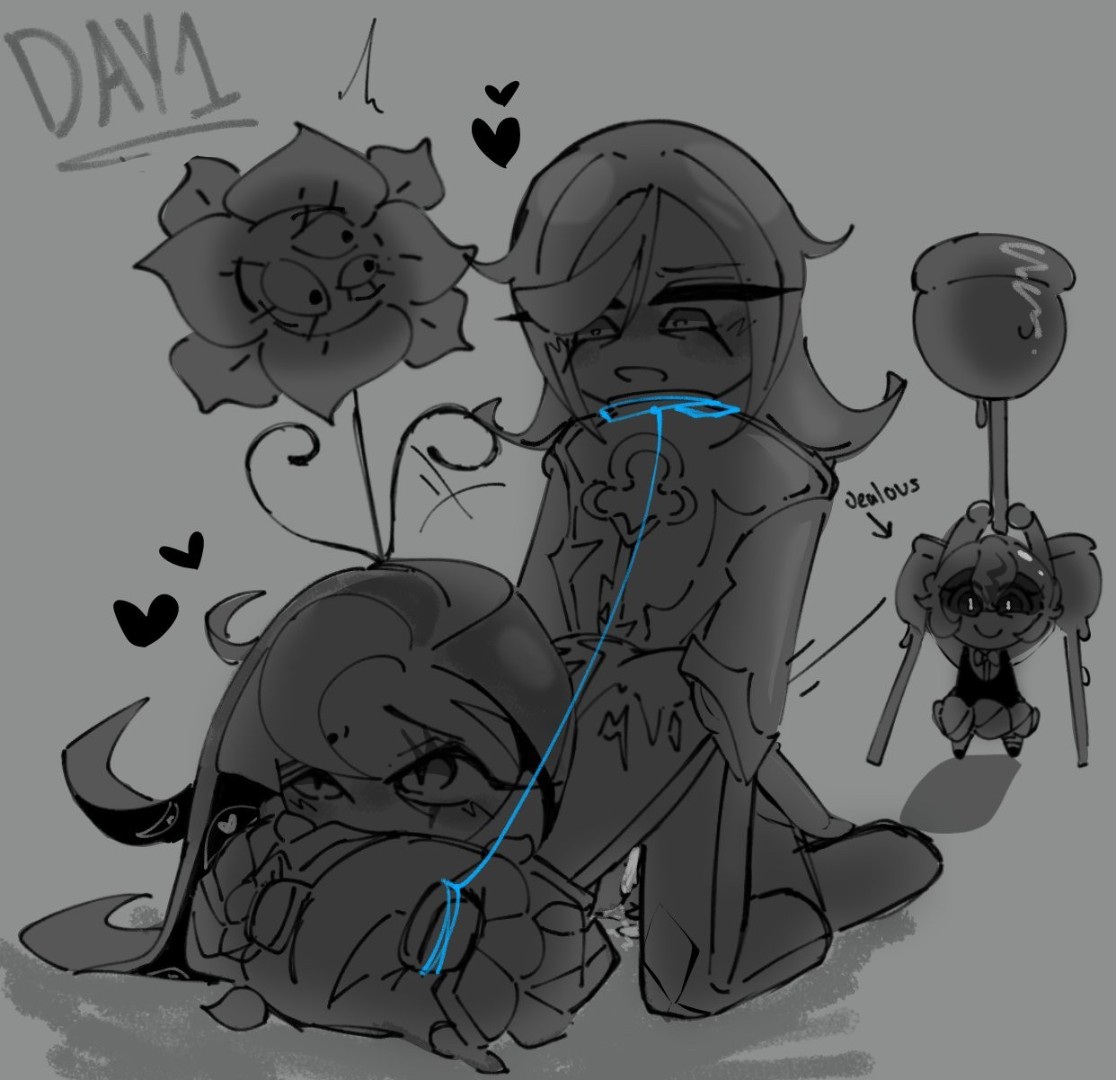 2boys, about to attack, candy apple cookie, caught, caught in the act, collar and leash, cookie, cookie run, cookie run kingdom, darkcacao98 (artist), doggy style, doggystyle, draw, drawing, female, gay, gay sex, hearts around head, holding leash, holding pillow, jealous female, male, pure vanilla cookie, shadow milk cookie, sketch, tagme, truthless recluse