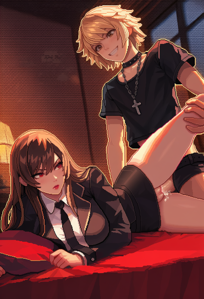 1boy 1girls ai_generated big_breasts black black_jacket black_necktie black_shirt blonde_hair breasts brown_eyes brown_hair collar cross_necklace cum_in_pussy death_note erection female genderswap genderswap_(ftm) genderswap_(mtf) goth_fashion hair hand_on_bed holding_another&#039;s_leg indoors light_yagami long_hair male misa_amane pencil_skirt pixel_art red_eyes red_pillow red_sheets rule_63 sidelocks vaginal_penetration vaginal_sex