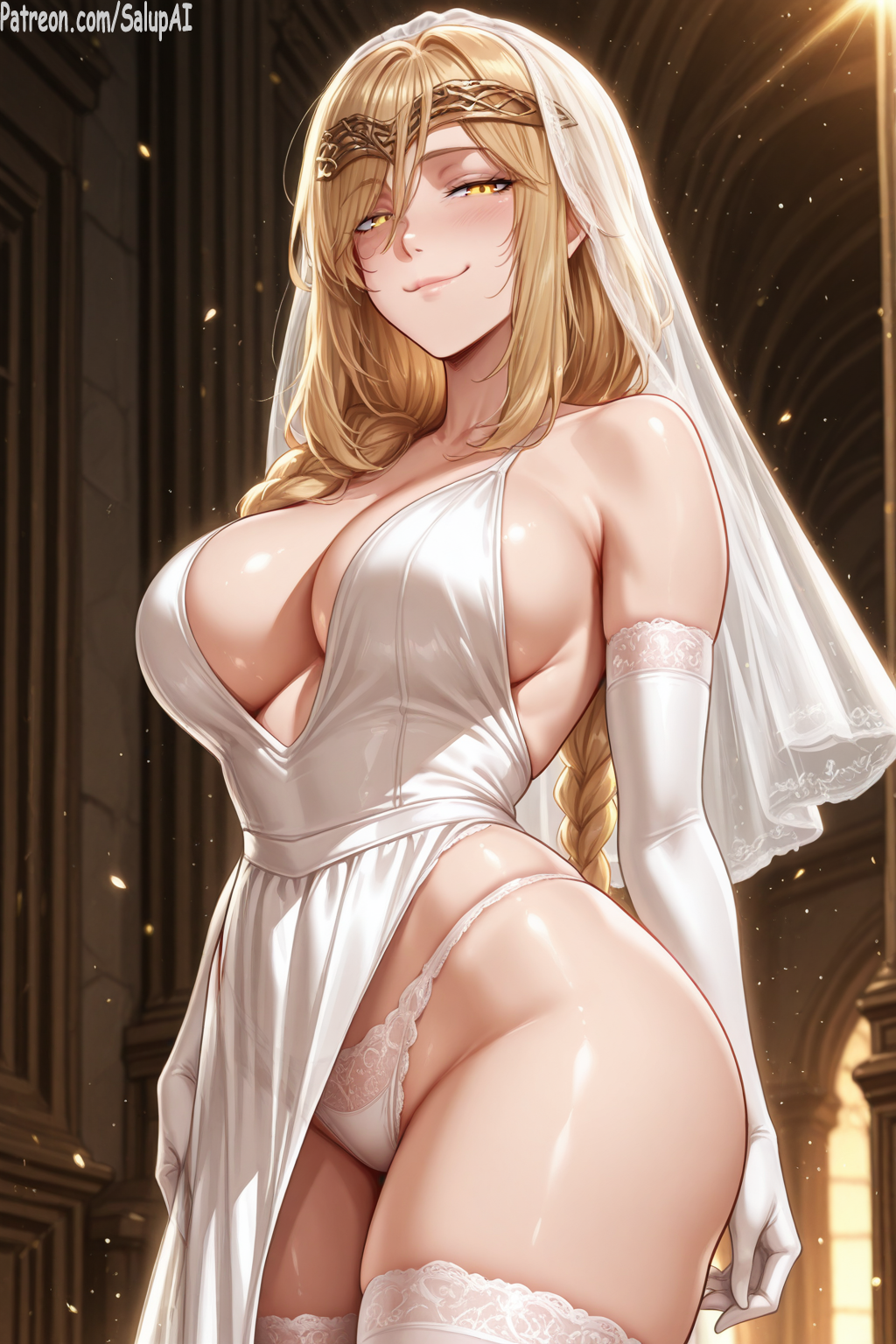 1girls ai_generated big_breasts blonde_hair braid braided_hair breasts bridal_lingerie bridal_veil crown curvy elbow_gloves elden_ring female female female_only from_below fromsoftware golden_eyes lace-trimmed_gloves lace-trimmed_panties lace-trimmed_thighhighs lingerie long_hair looking_at_viewer mature_female panties patreon queen_marika_the_eternal salupai smile solo solo_female standing thick_thighs thighhighs thighs tiara uncensored watermark wedding_dress wedding_gloves wedding_lingerie wedding_veil white_elbow_gloves white_gloves white_panties white_thighhighs yellow_eyes
