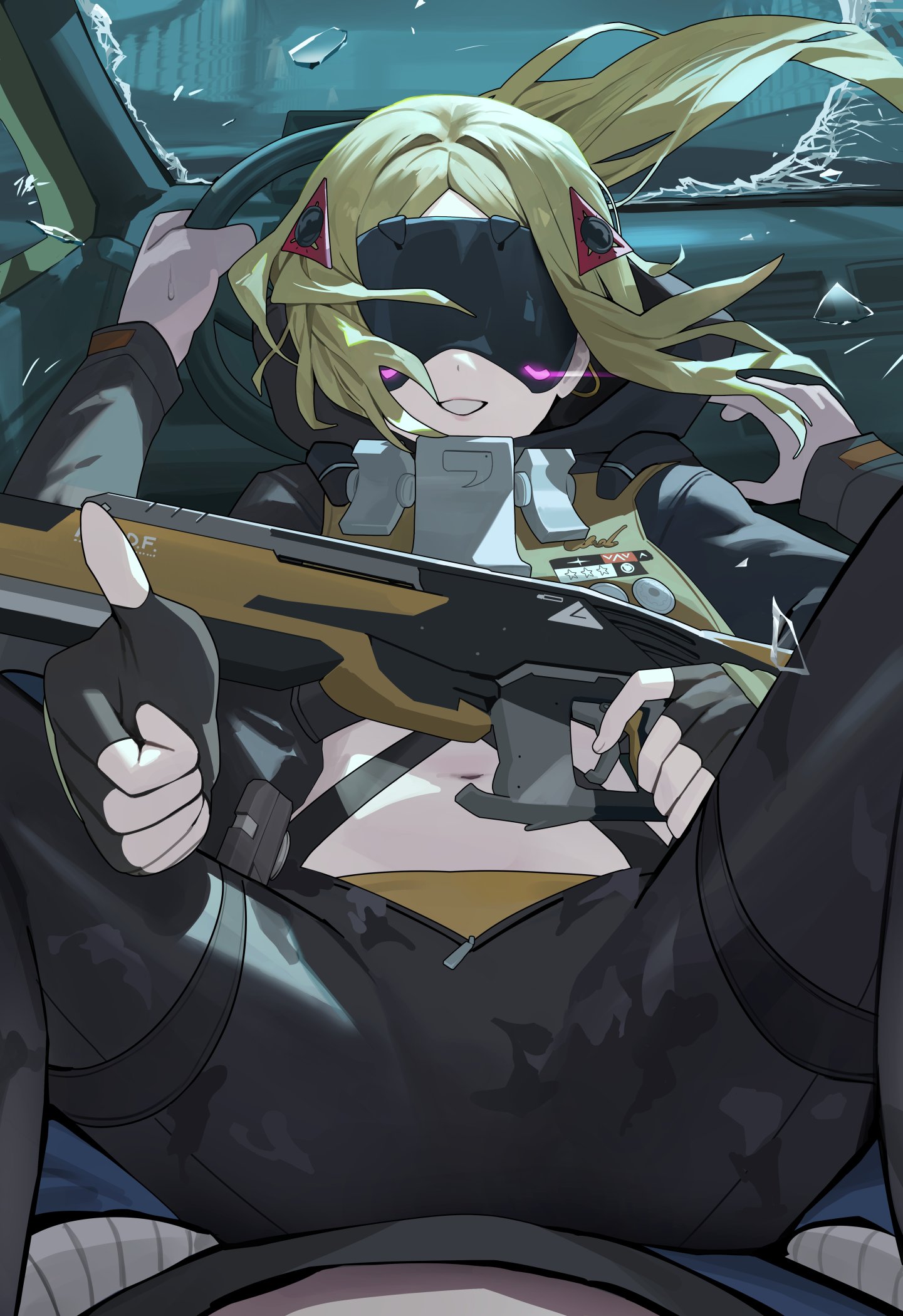 1boy, 1girls, black gloves, black pants, black shrug, blindfold, blonde hair, broken glass, camouflage, camouflage pants, car interior, cowgirl position, driving, eye mask, facing viewer, female, fingerless gloves, floating hair, glass, gloves, gun, hair ornament, highres, holding, holding gun, holding weapon, hood (james x), hood x art, long hair, long sleeves, male, navel, open mouth, pants, parted lips, pov, rifle, shrug (clothing), smile, sniper rifle, spread legs, stomach, thumbs up, tight clothes, trigger (zenless zone zero), weapon, wise (zenless zone zero), zenless zone zero