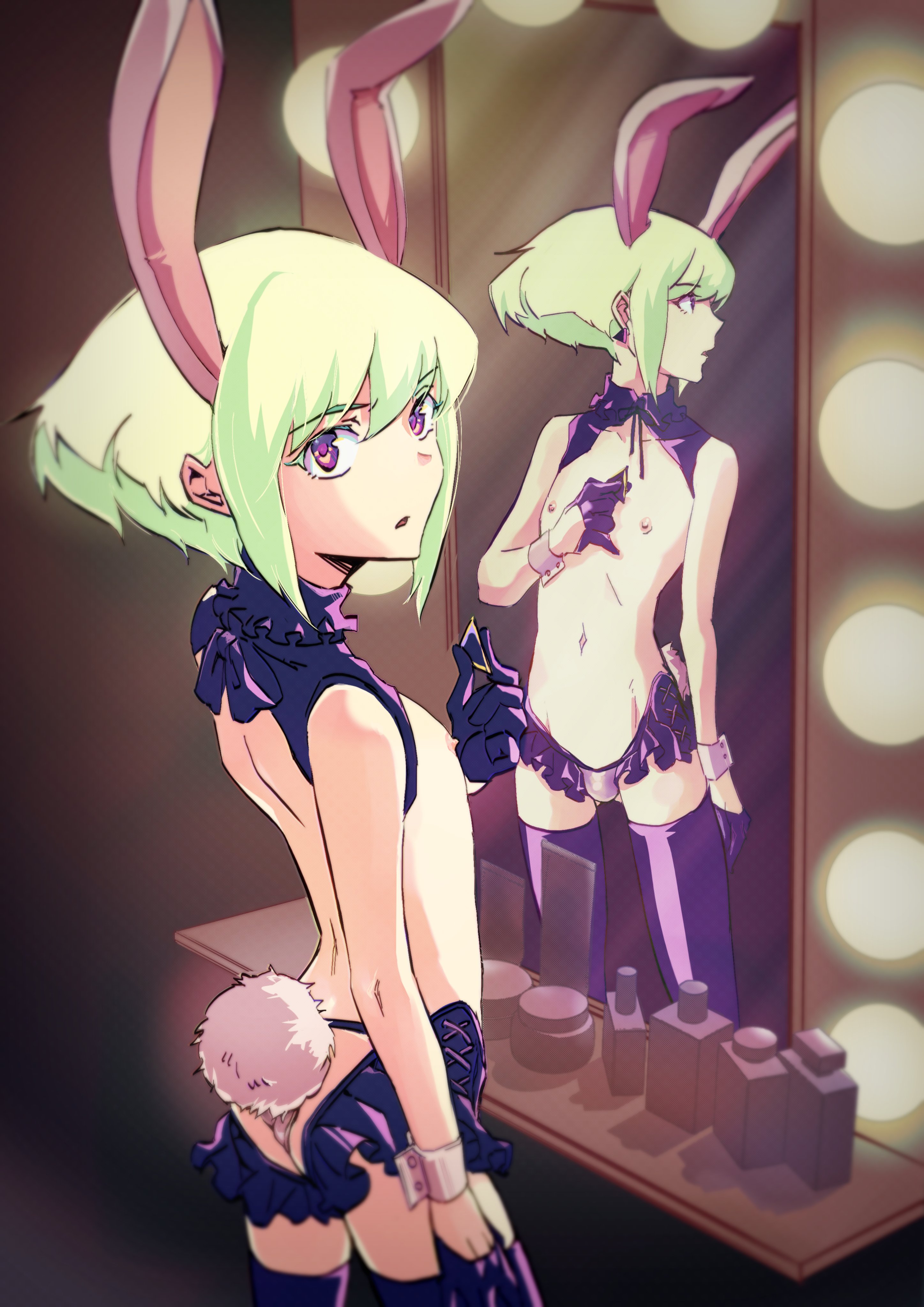 anal plug, androgynous, bunny ears, butt plug, crossdressing, eaka56868337, femboy, lio fotia, male, promare, reverse bunnysuit, stockings, thick thighs, twink