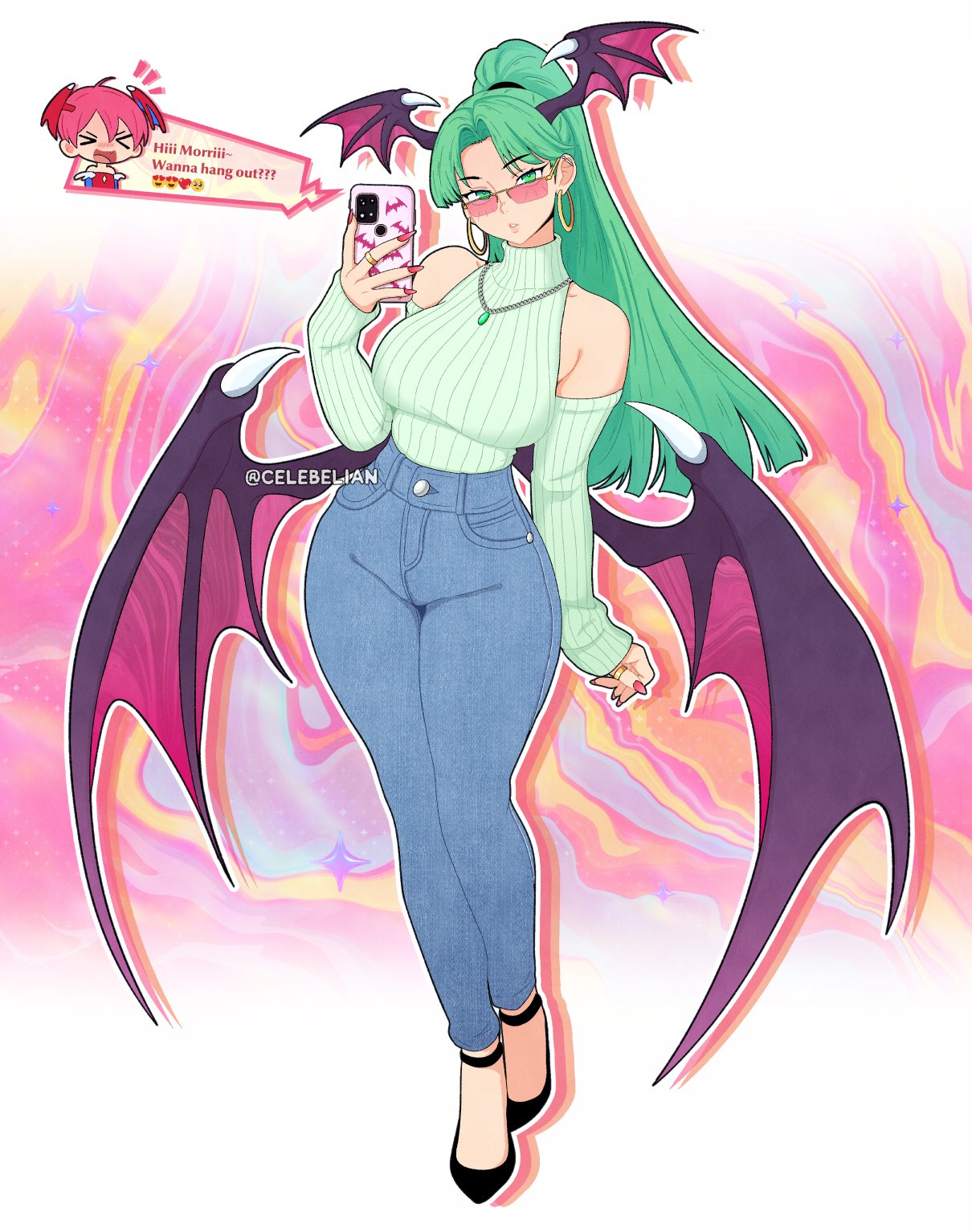 2girls, alternate costume, alternate hairstyle, artist name, big breasts, blue pants, breasts, casual, celebelian, darkstalkers, demon wings, earrings, english text, female, female only, full body, glasses, green eyes, green hair, green sweater, head wings, highres, holding, holding phone, hourglass figure, jewelry, large breasts, lilith (darkstalkers), lilith aensland, long hair, morrigan aensland, multiple females, multiple girls, necklace, off shoulder, pants, parted bangs, phone, pink nails, ponytail, ring, speech bubble, succubus, sweater, twitter username, wide hips, wings